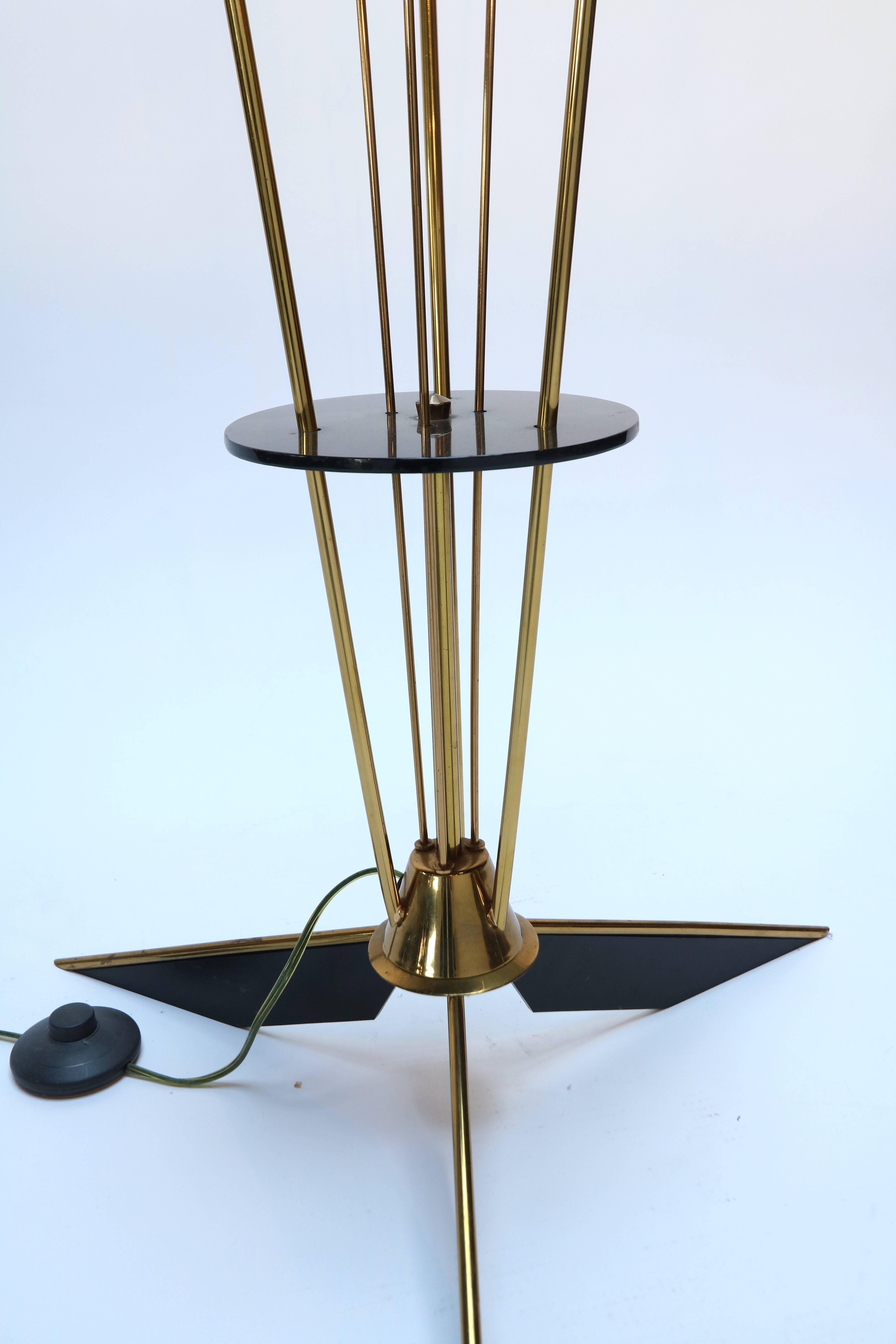 Mid-20th Century French Brass and Black Metal Floor Lamp with 3 Opaque White Glass Lights, 1950s For Sale
