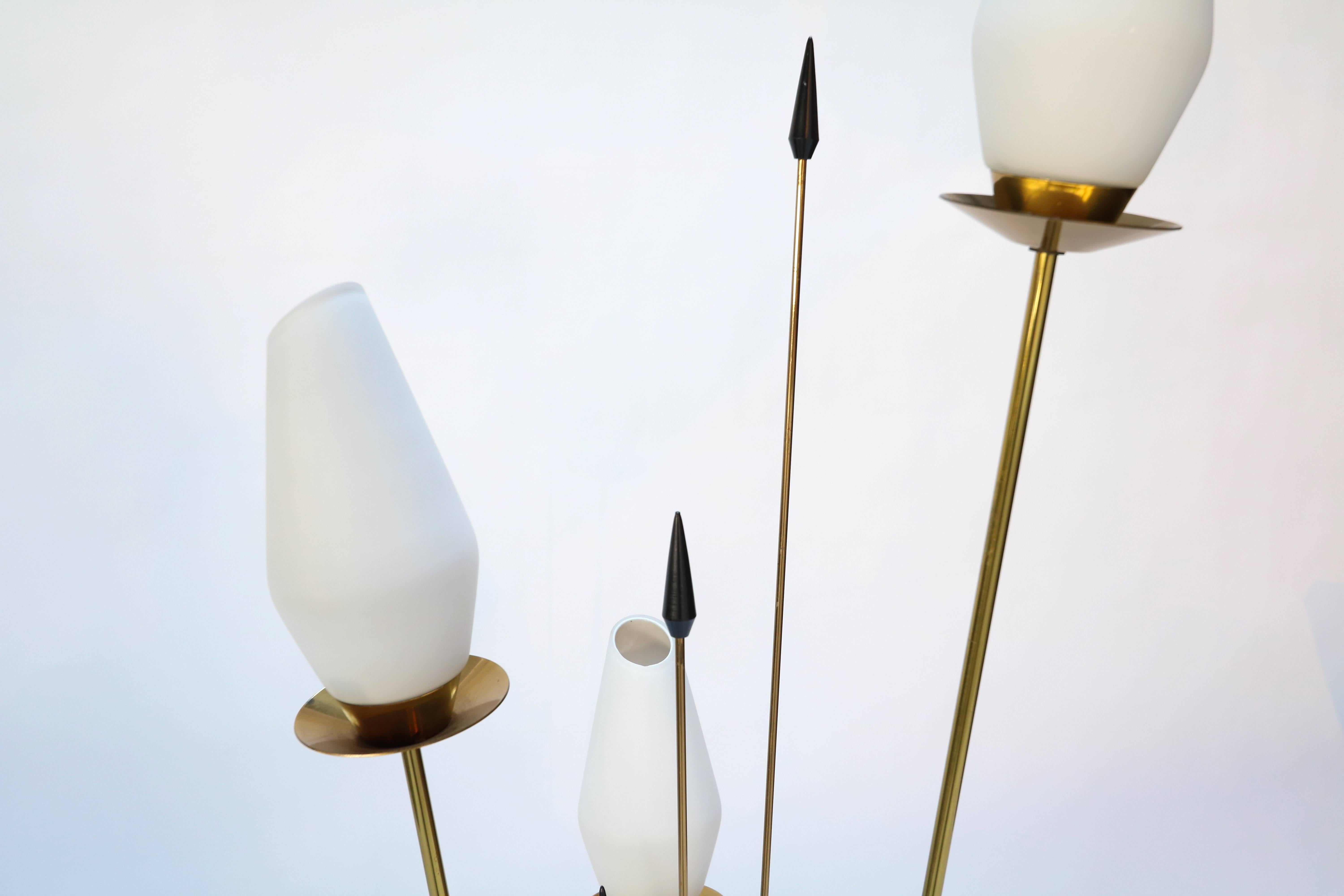 French Brass and Black Metal Floor Lamp with 3 Opaque White Glass Lights, 1950s For Sale 1
