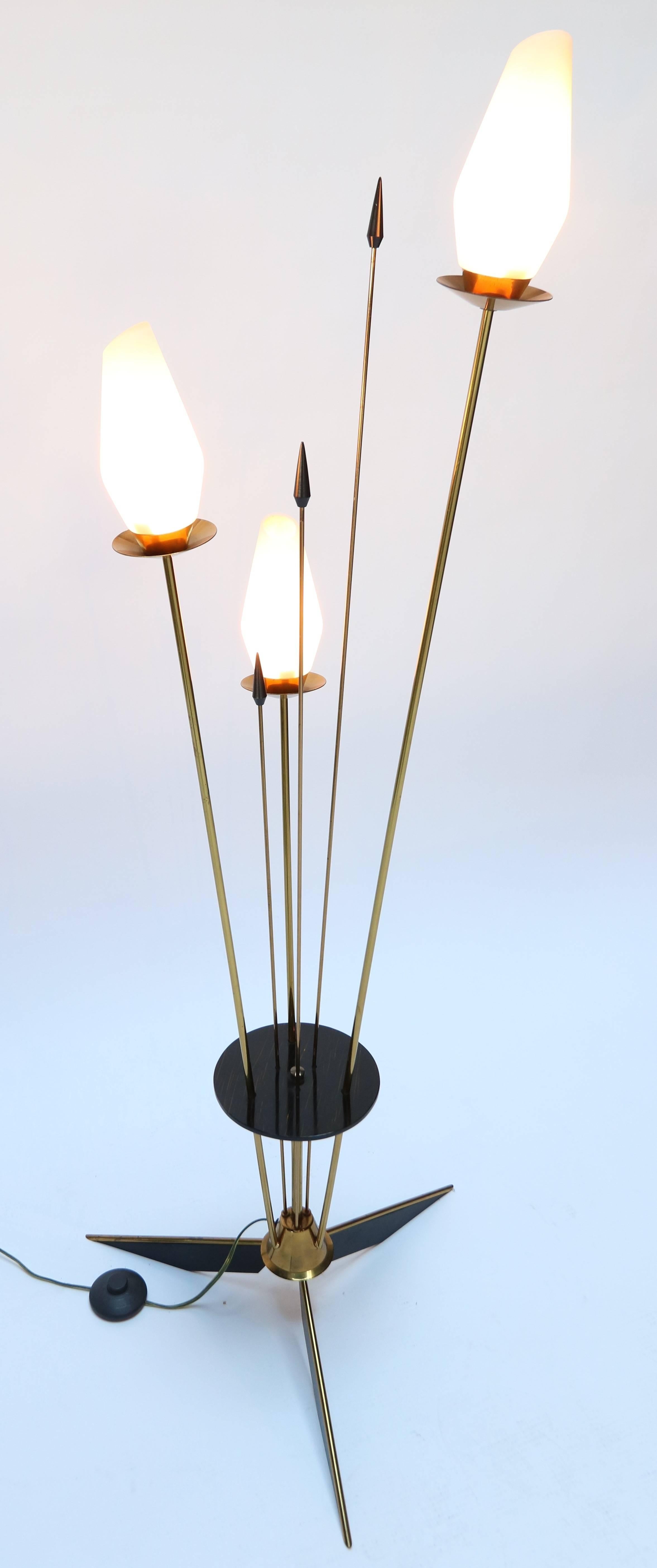 French Brass and Black Metal Floor Lamp with 3 Opaque White Glass Lights, 1950s For Sale 2