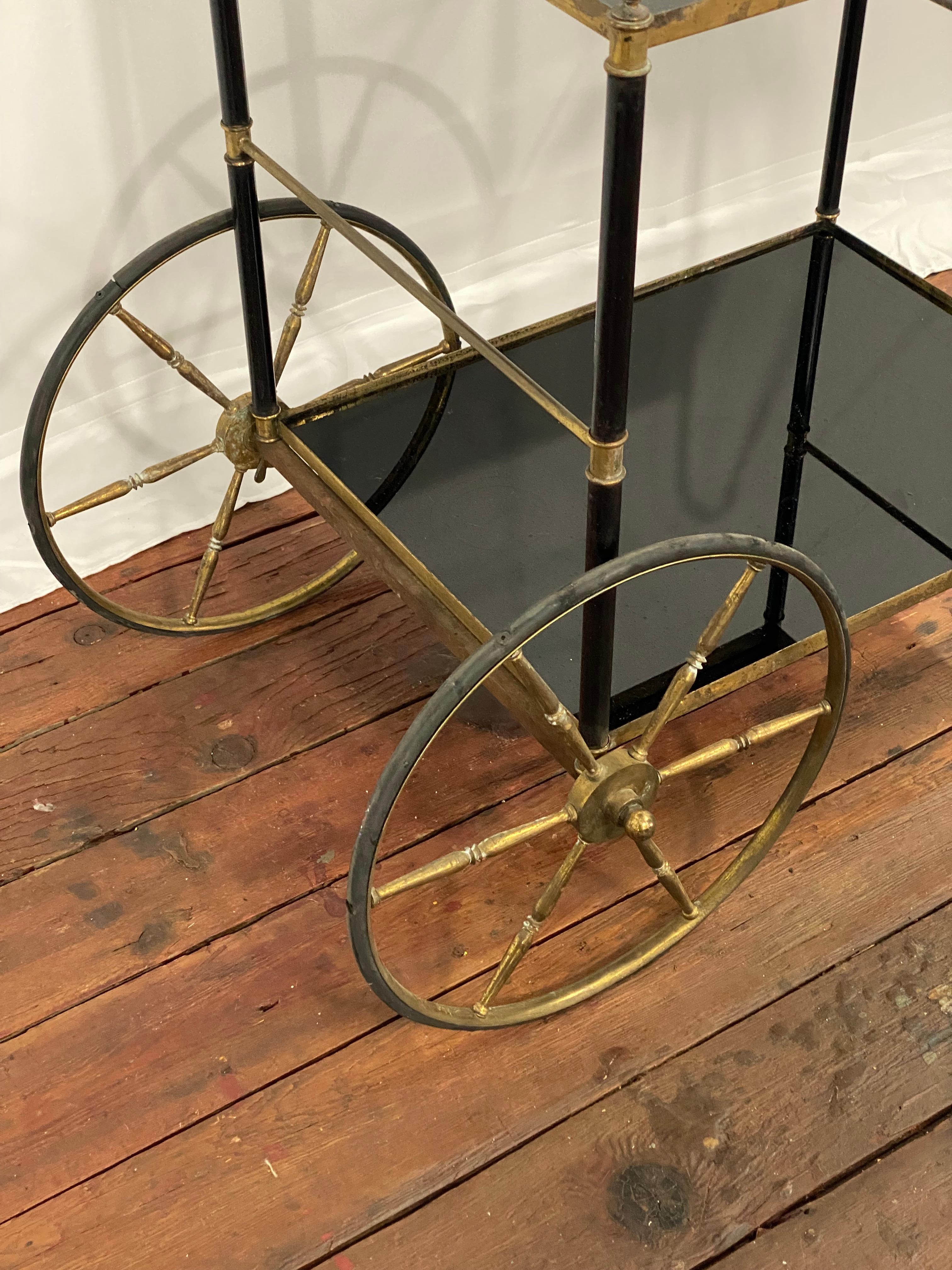 1950s French Brass and Black Vitrolite Glass Bar Cart For Sale 9