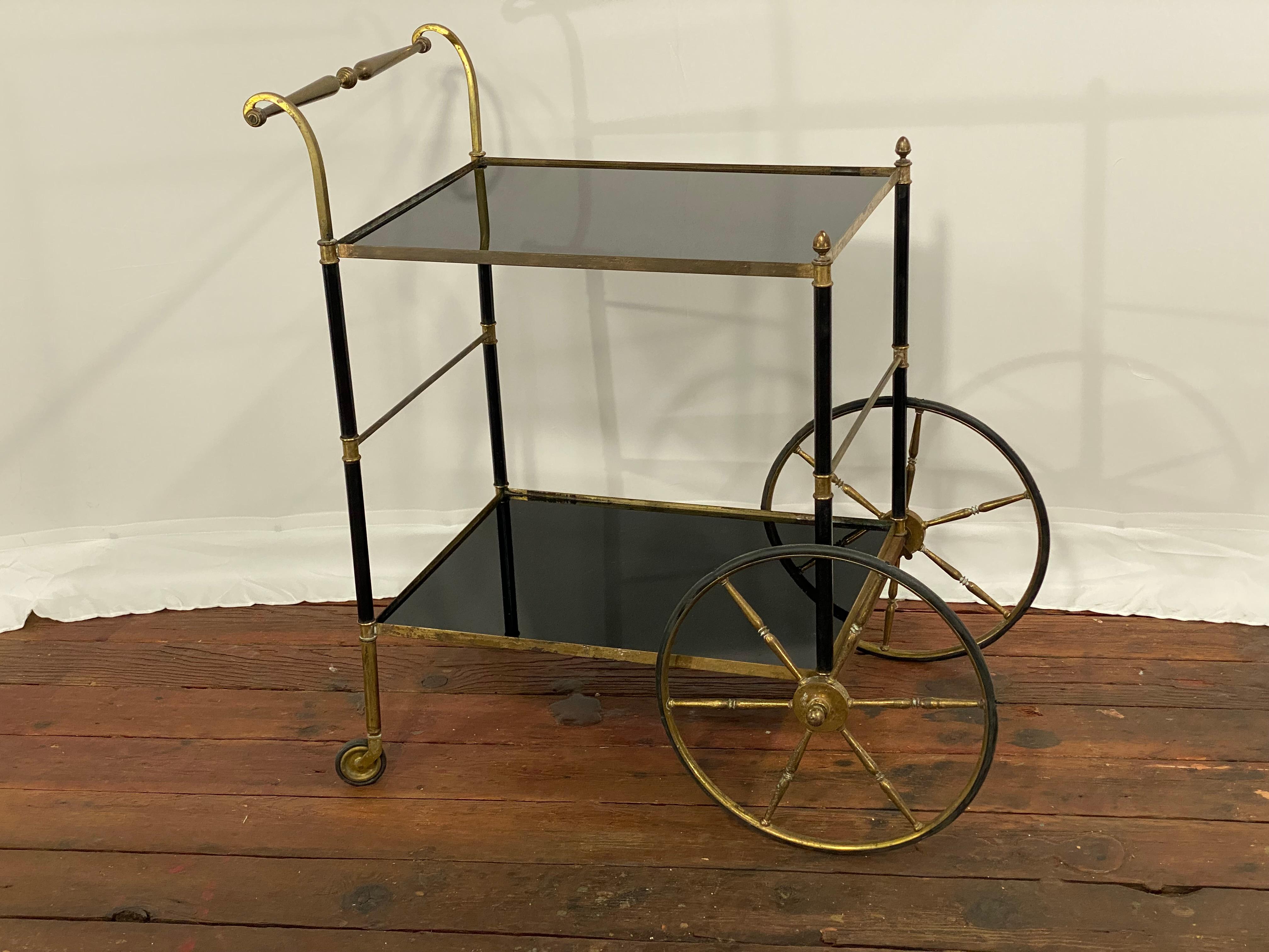 Mid-Century Modern 1950s French Brass and Black Vitrolite Glass Bar Cart For Sale