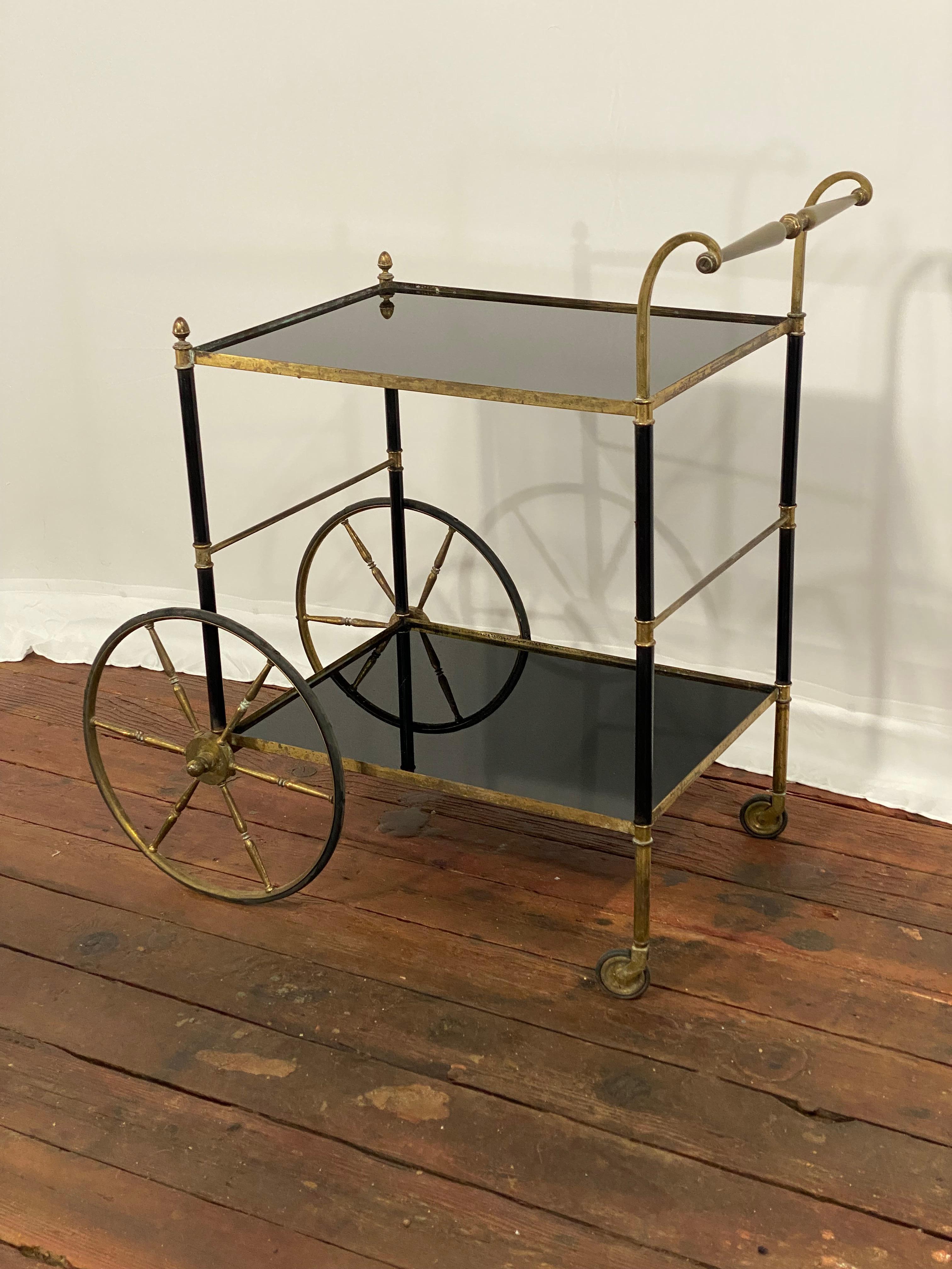 1950s French Brass and Black Vitrolite Glass Bar Cart In Good Condition For Sale In Garnerville, NY