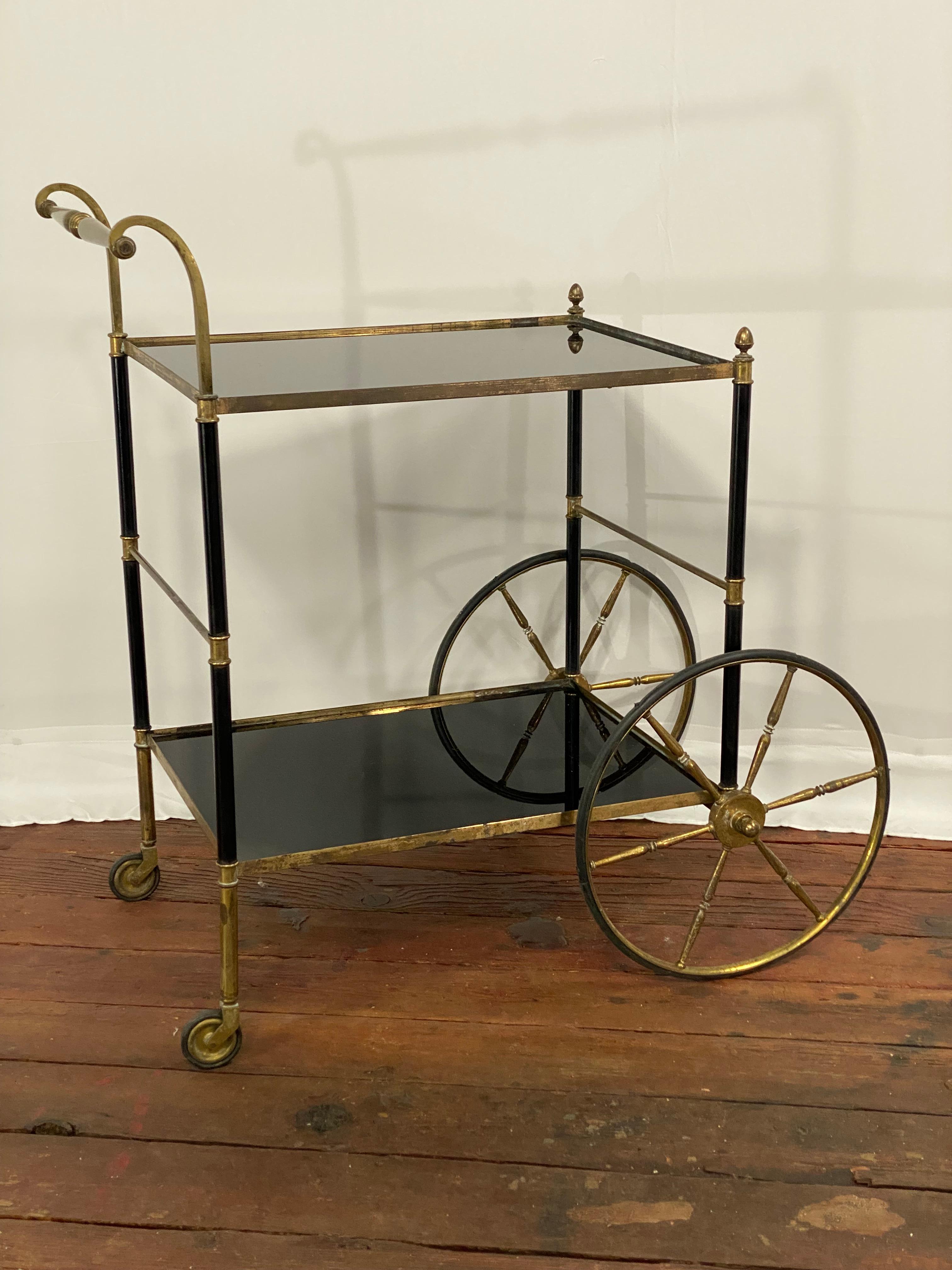Mid-20th Century 1950s French Brass and Black Vitrolite Glass Bar Cart For Sale