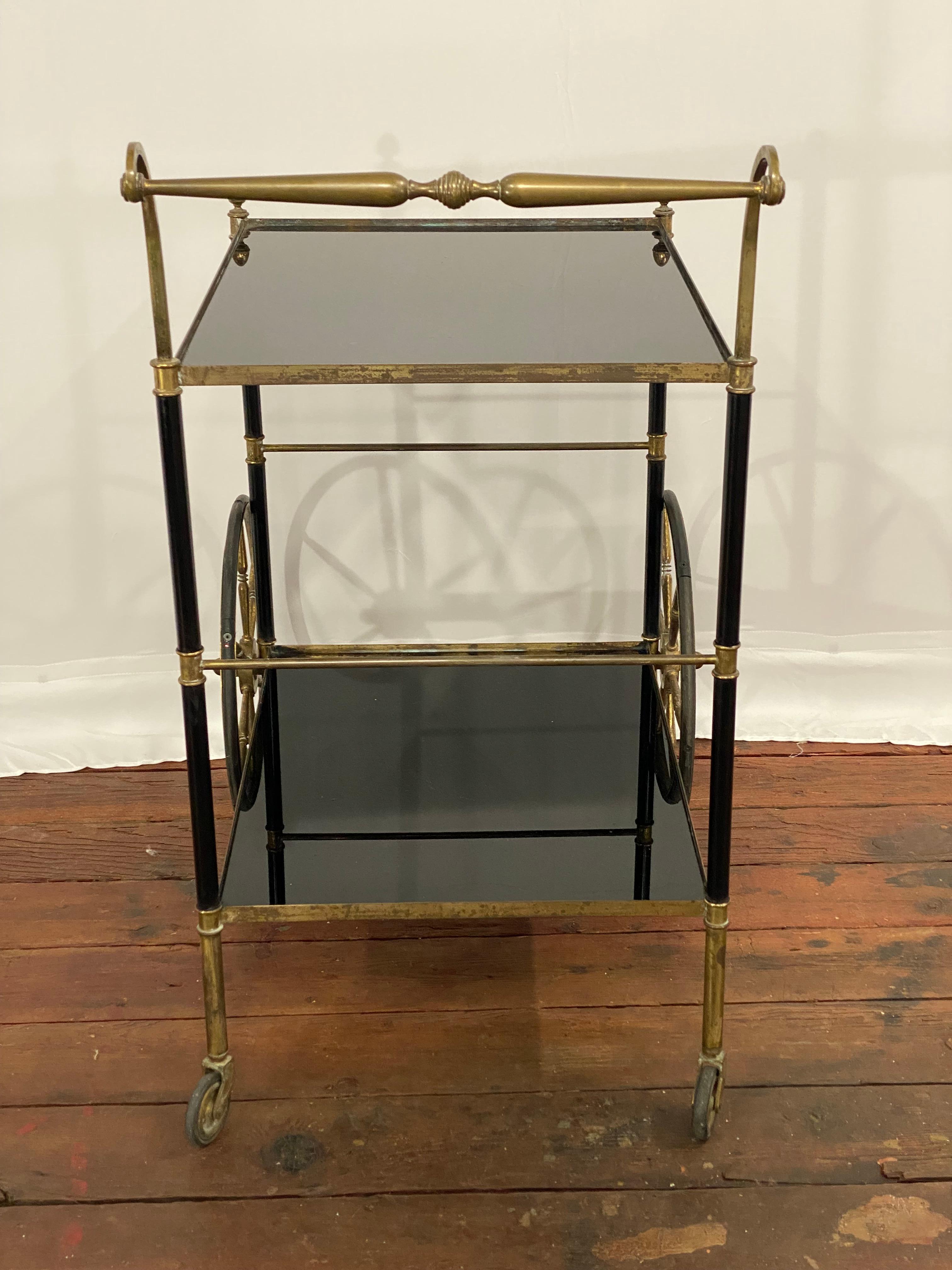 1950s French Brass and Black Vitrolite Glass Bar Cart For Sale 1