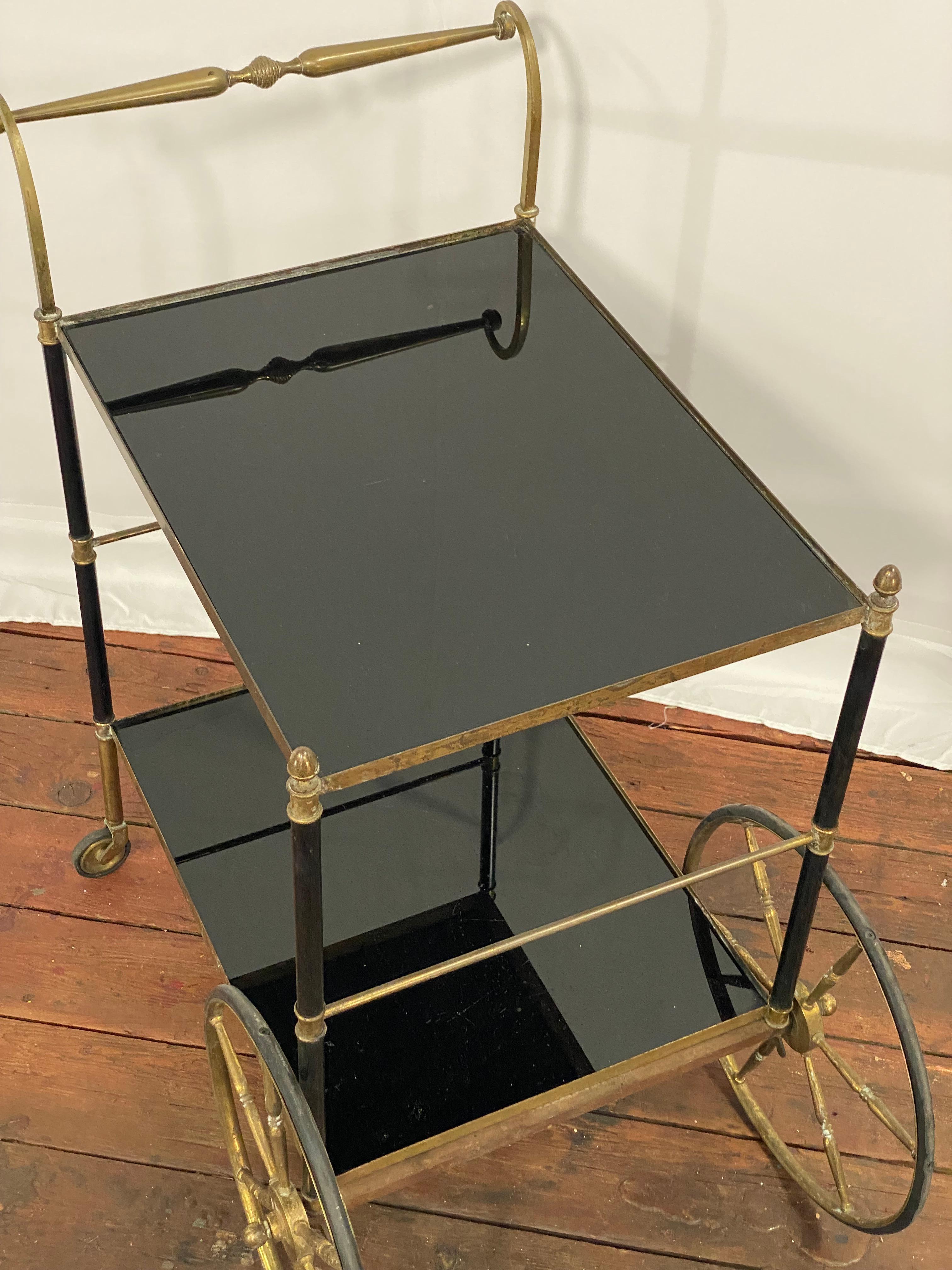 1950s French Brass and Black Vitrolite Glass Bar Cart For Sale 2