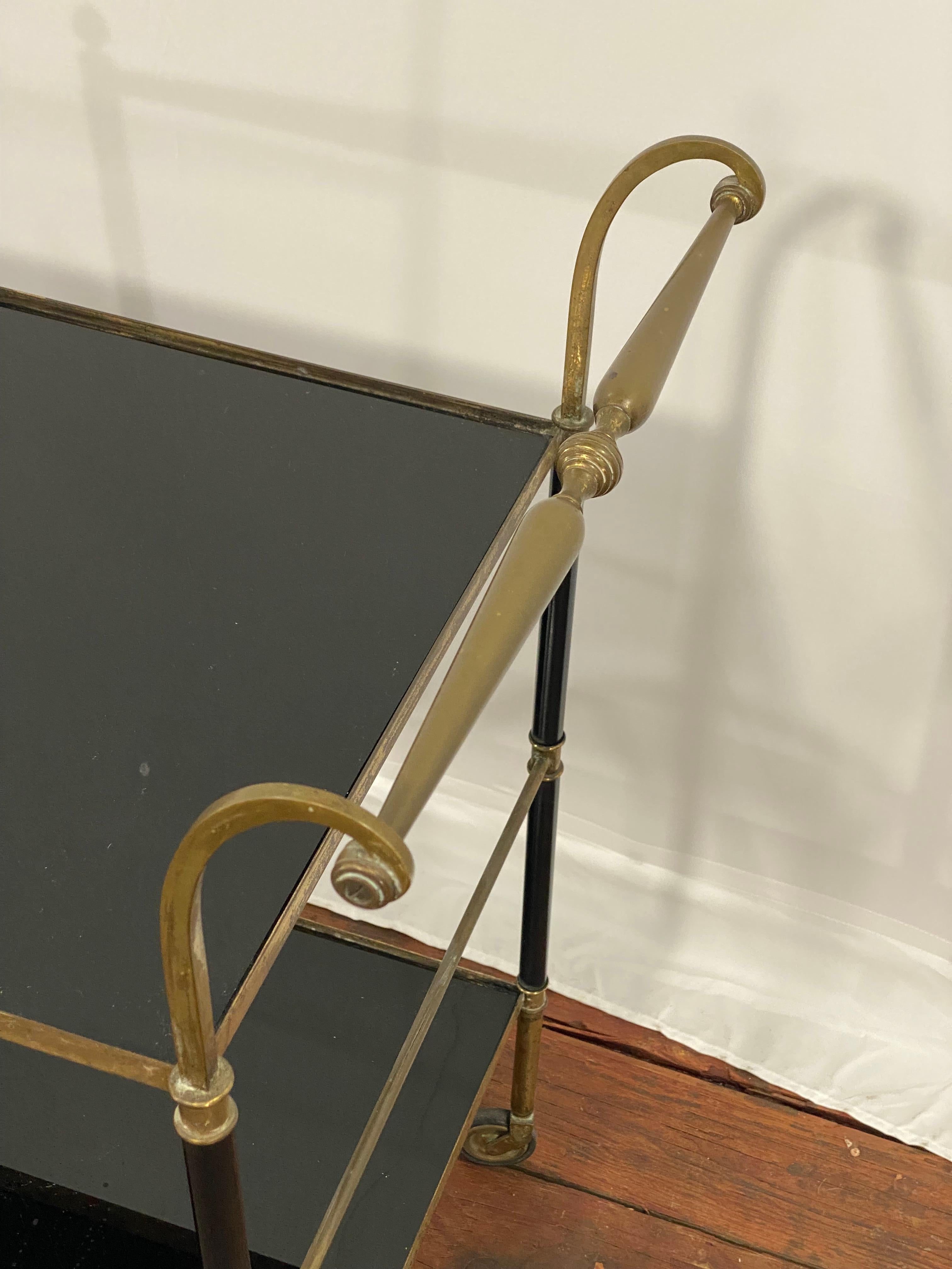 1950s French Brass and Black Vitrolite Glass Bar Cart For Sale 4
