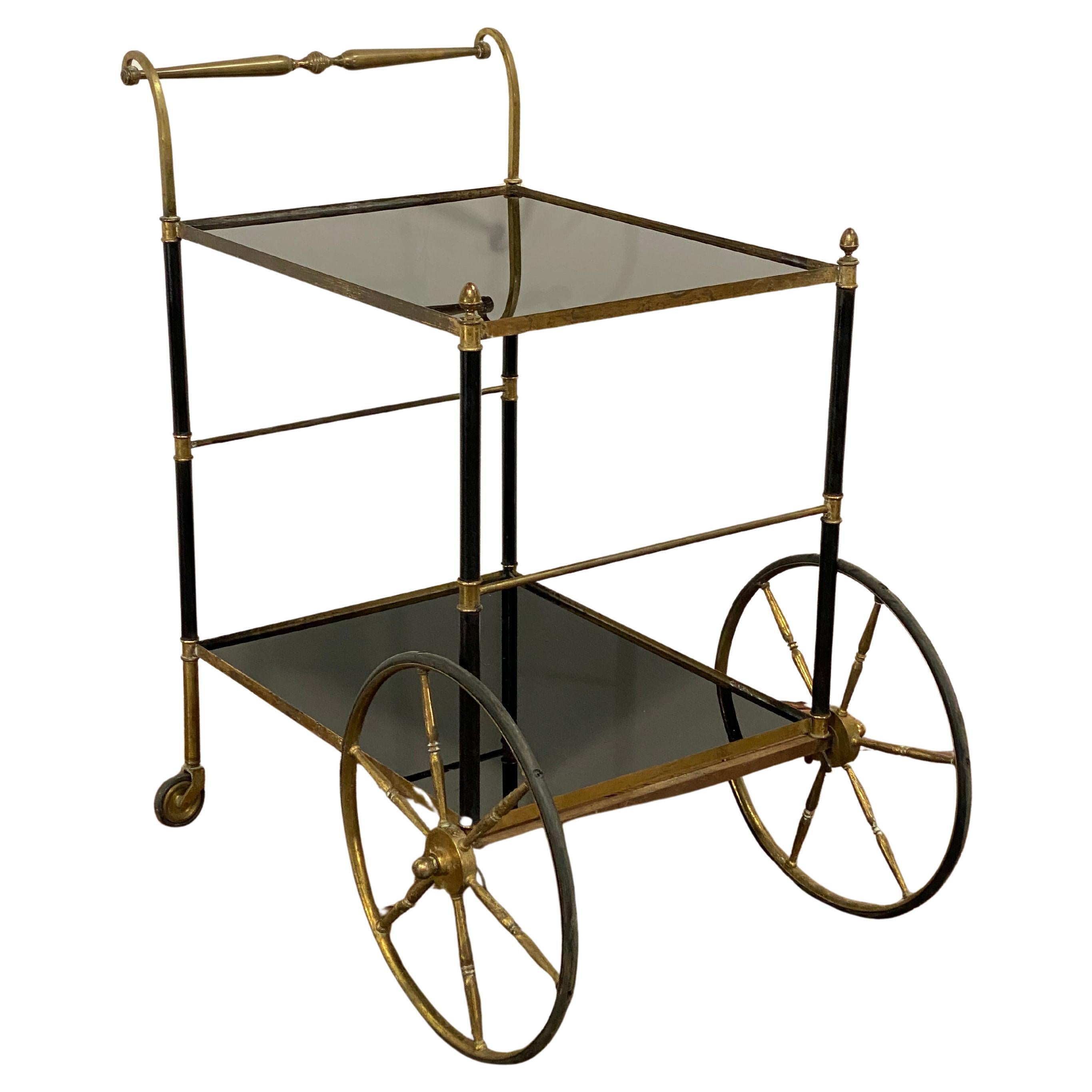 1950s French Brass and Black Vitrolite Glass Bar Cart For Sale