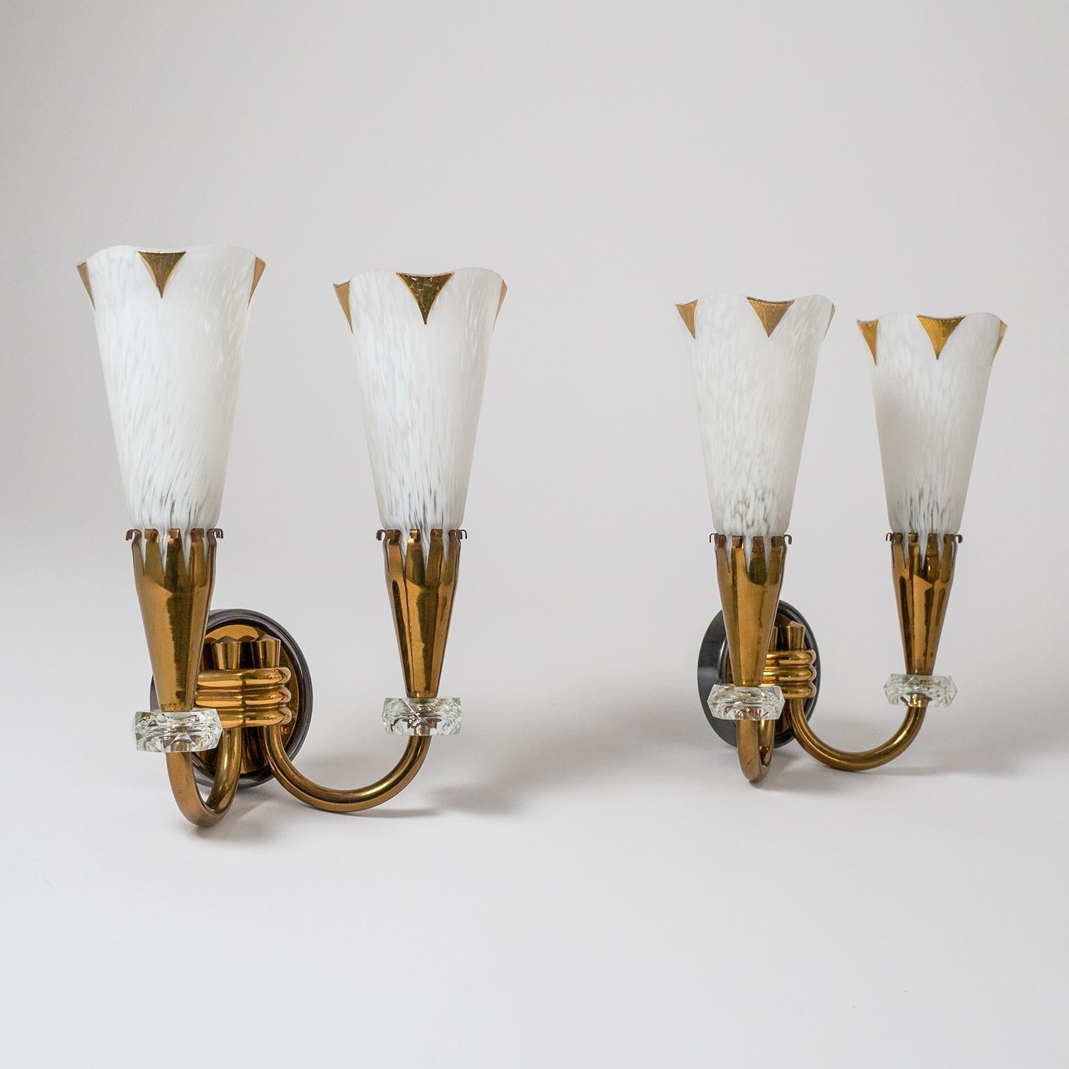 Mid-20th Century French Brass and Glass Sconces, circa 1950