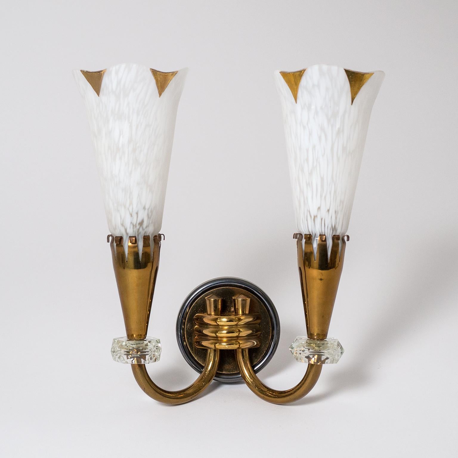 Blown Glass French Brass and Glass Sconces, circa 1950