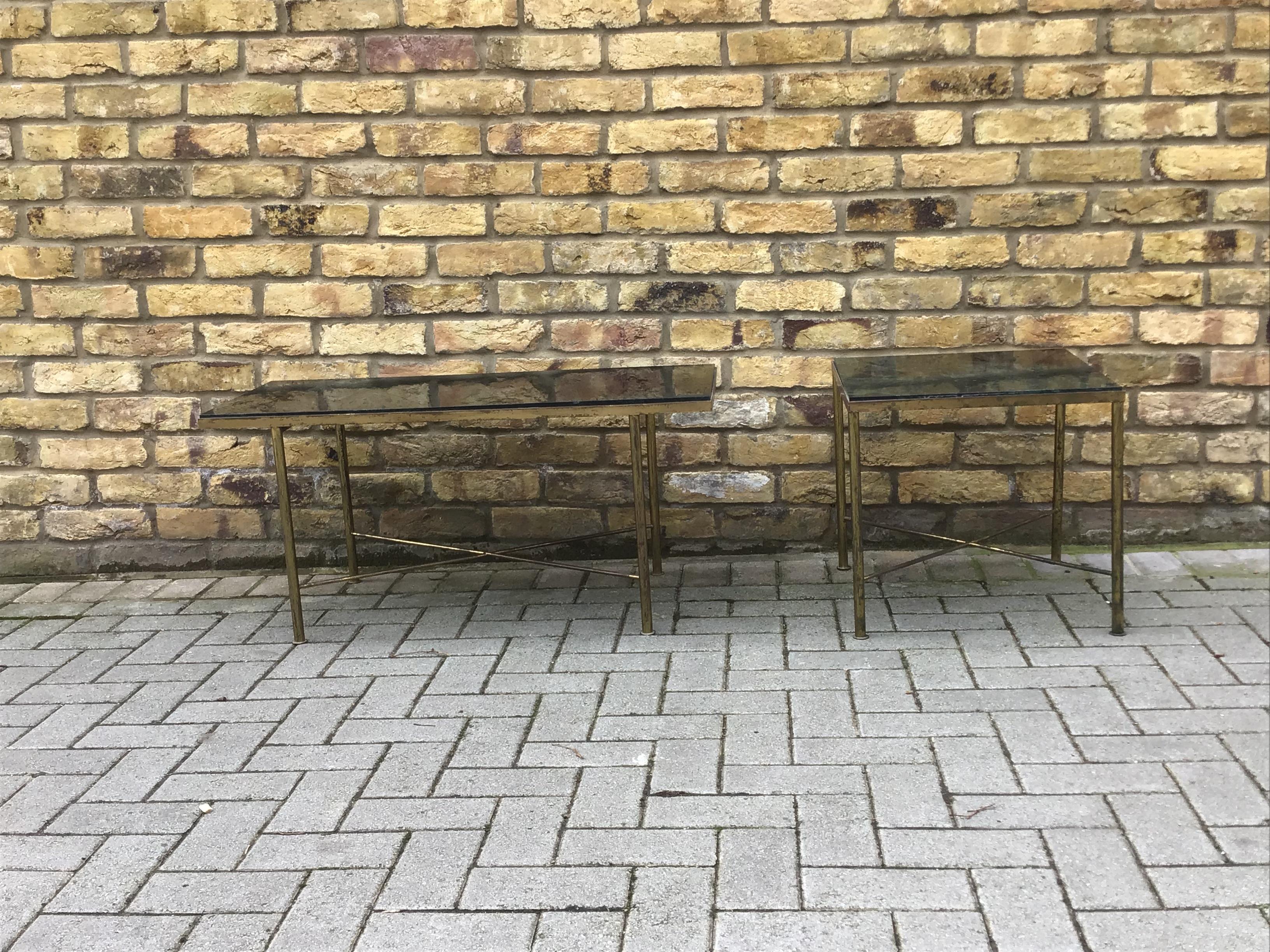 A set of Classic French table brass frame and marble tops small side table and a matching rectangle table, circa 1950s.

The price shown is for both the small and large table.