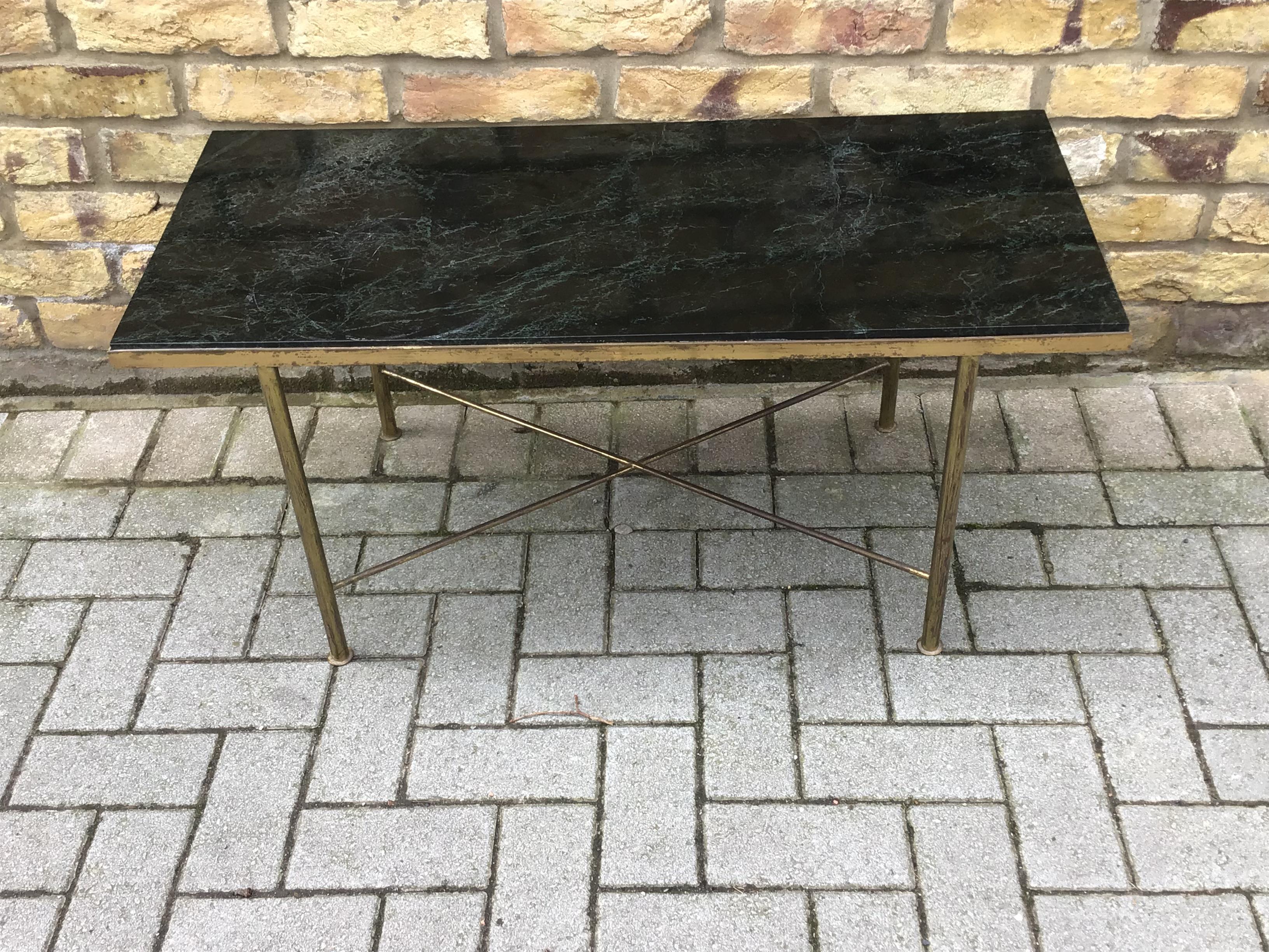 Mid-Century Modern 1950 French Brass and Marble Side Tables Green Black