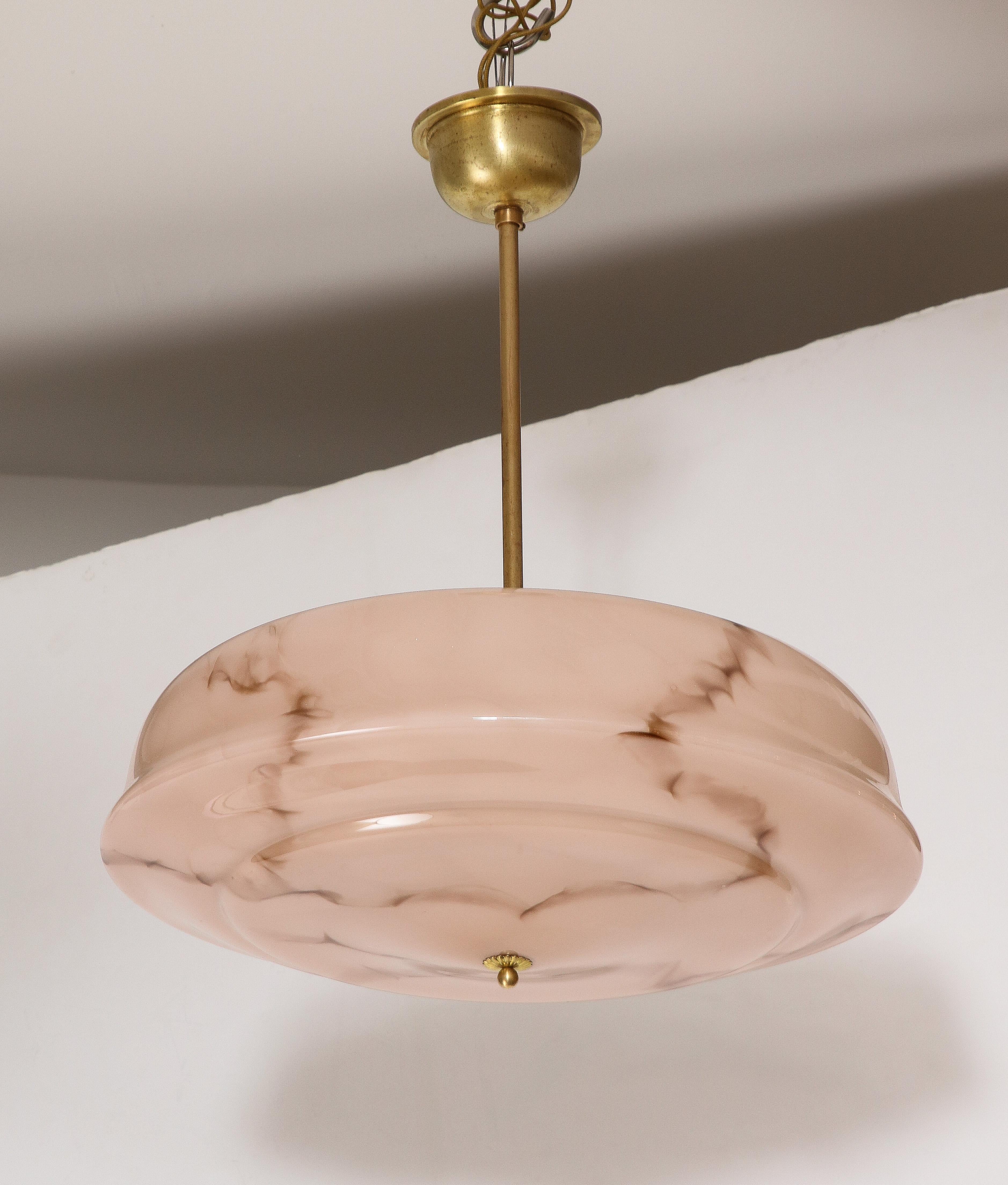 Mid-Century Modern 1950's French Brass And Pink Glass Pendant For Sale