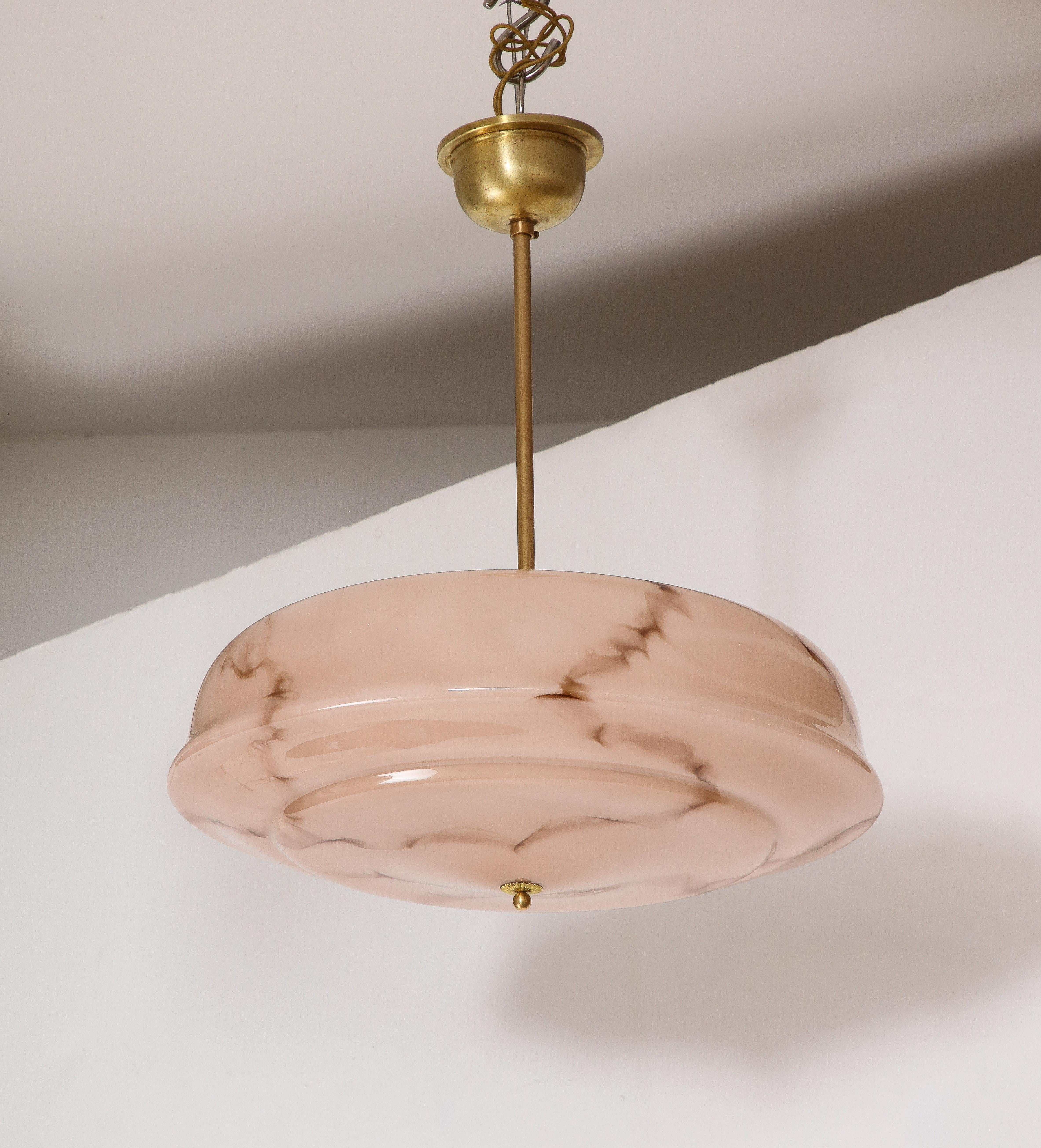 Mid-20th Century 1950's French Brass And Pink Glass Pendant For Sale