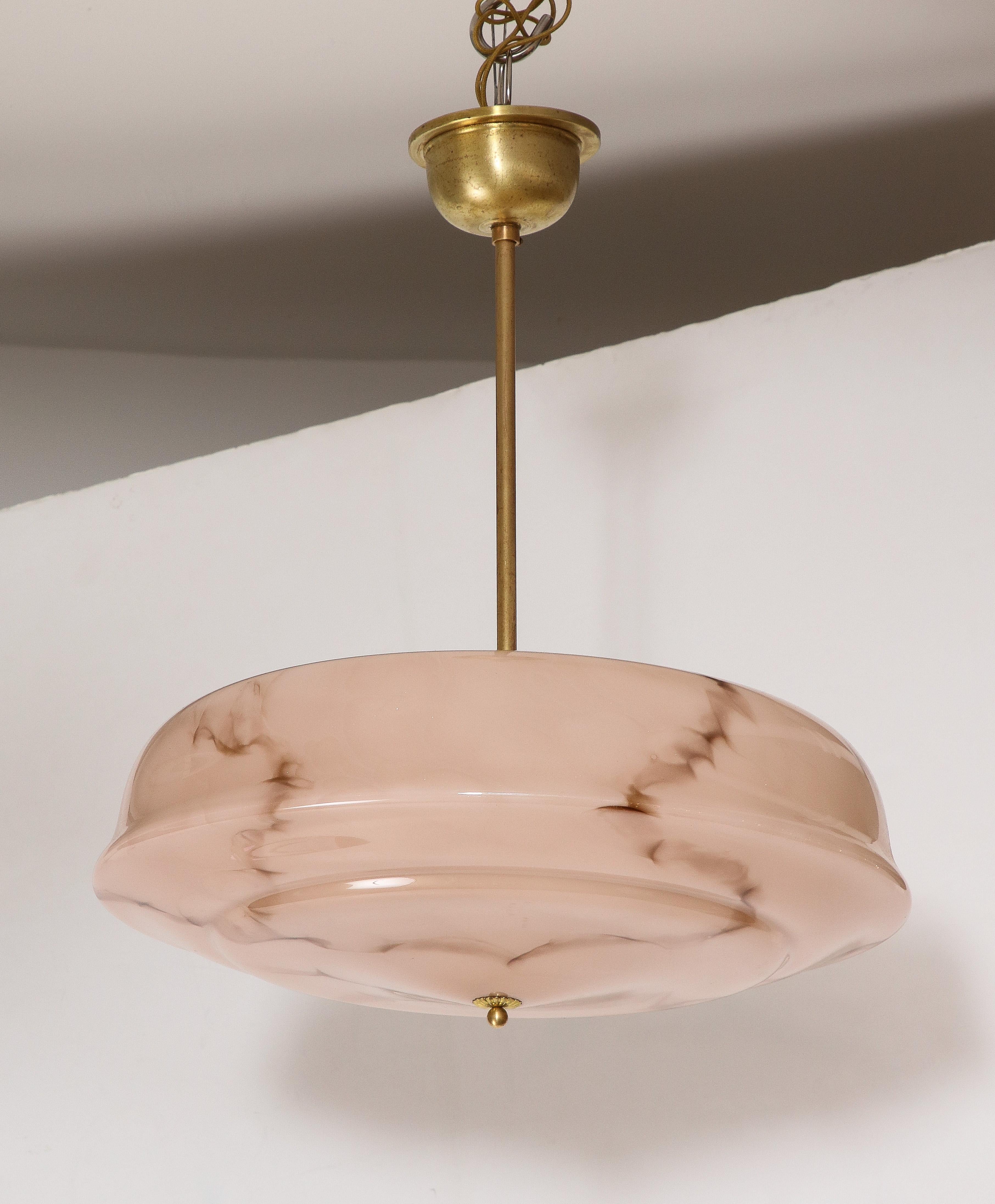 1950's French Brass And Pink Glass Pendant For Sale 3
