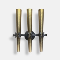 1950s French Brass and Wrought Iron Large Torchière Wall Sconce