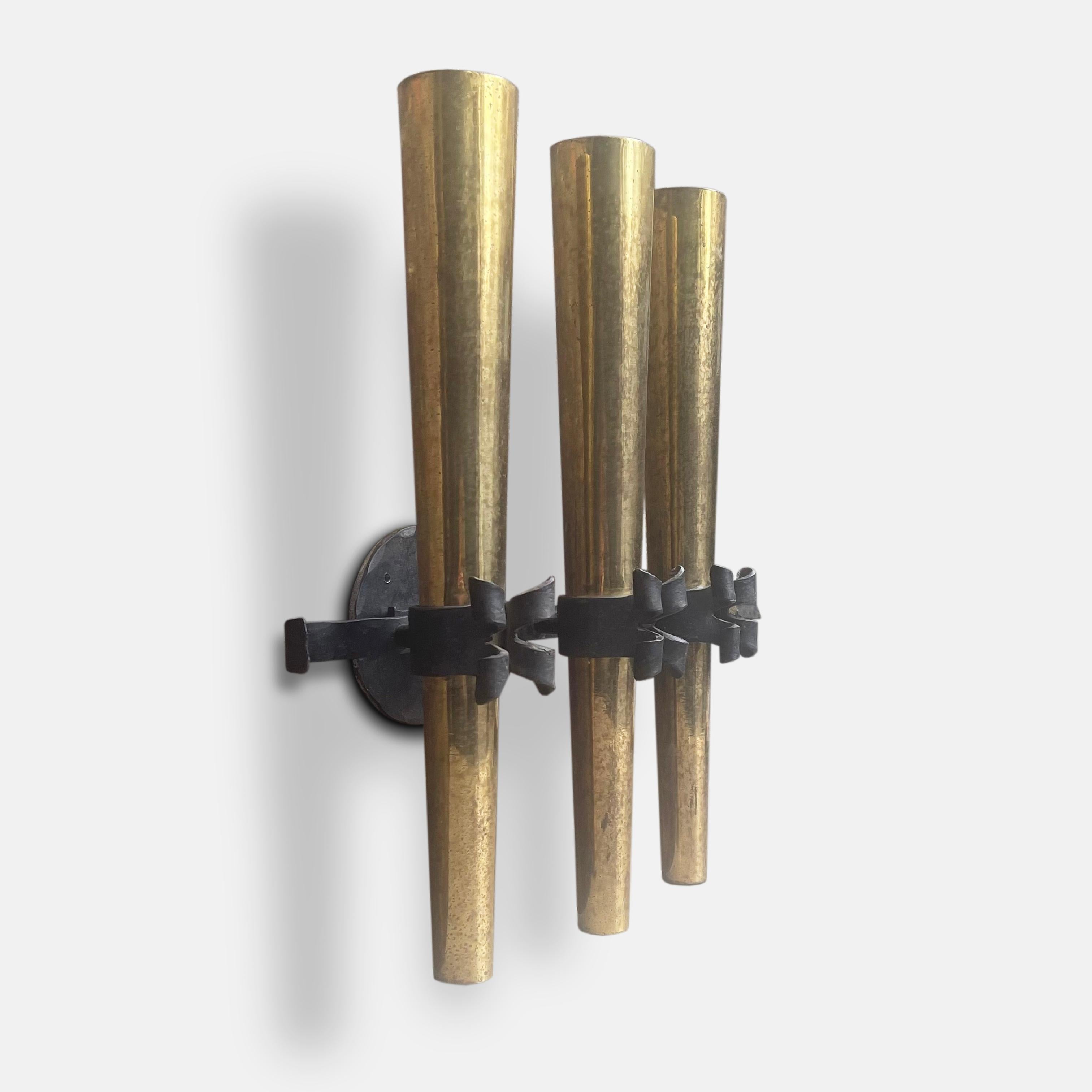 Mid-Century Modern 1950s French Brass and Wrought Iron Torchière Wall Sconce For Sale