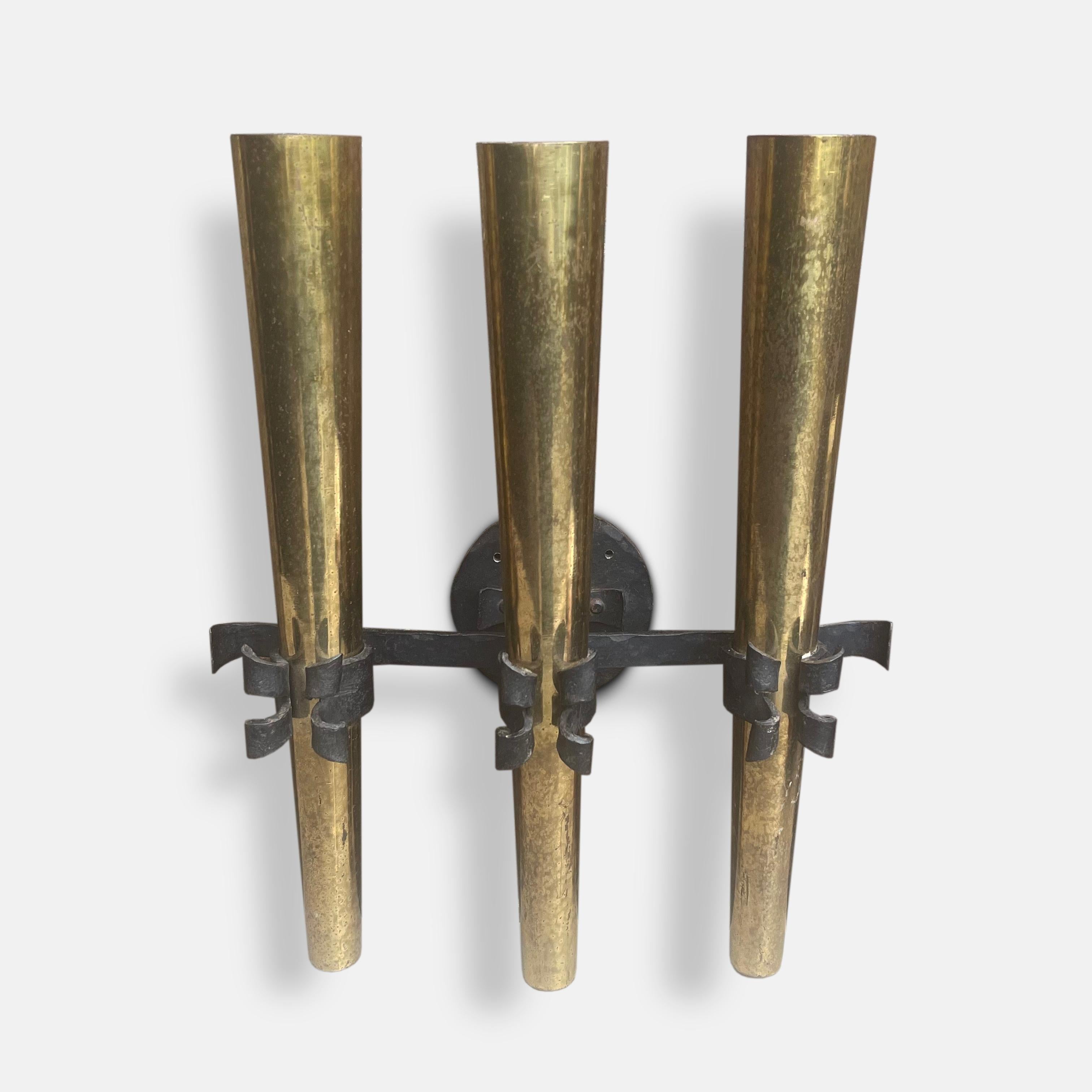 1950s French Brass and Wrought Iron Torchière Wall Sconce For Sale 2