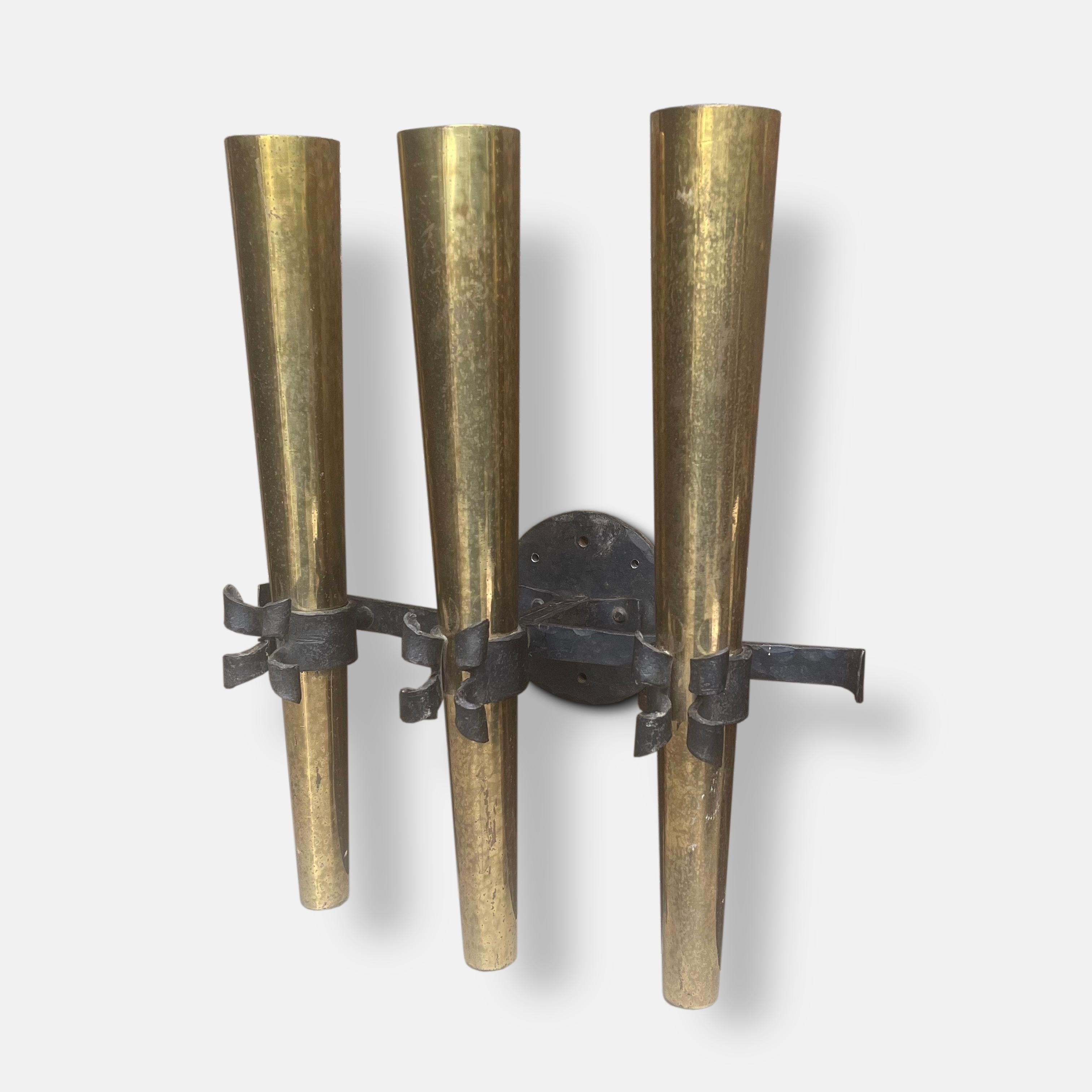 1950s French Brass and Wrought Iron Torchière Wall Sconce For Sale 3