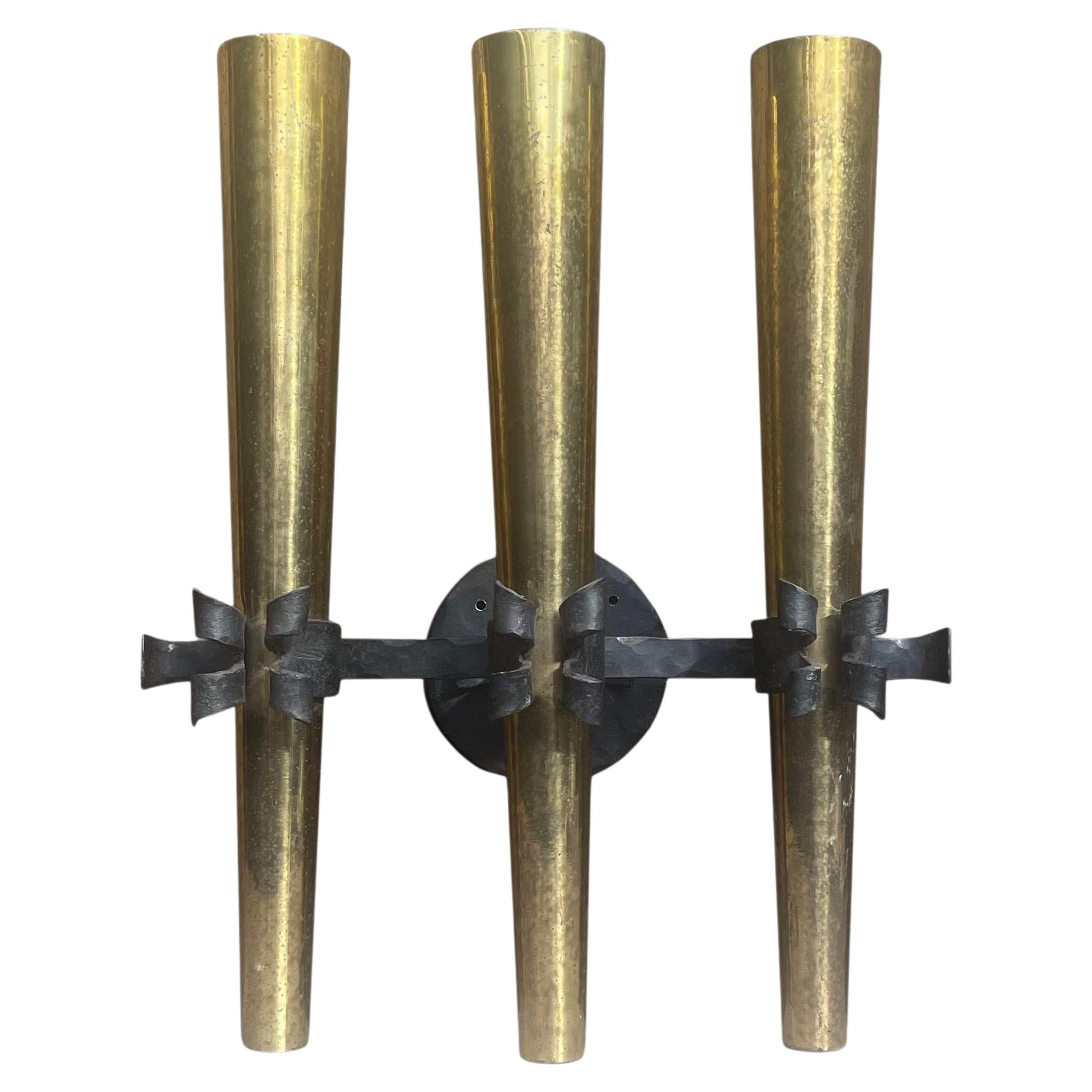 1950s French Brass and Wrought Iron Torchière Wall Sconce For Sale