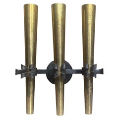 1950s French Brass and Wrought Iron Torchière Wall Sconce