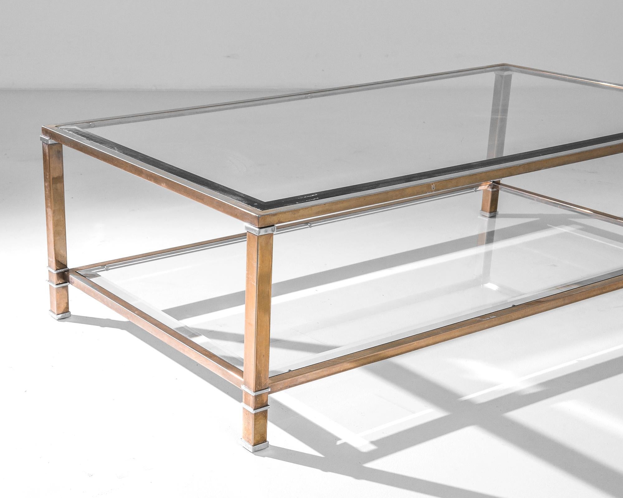 Mid-Century Modern 1950s French Brass Coffee Table with Glass Top