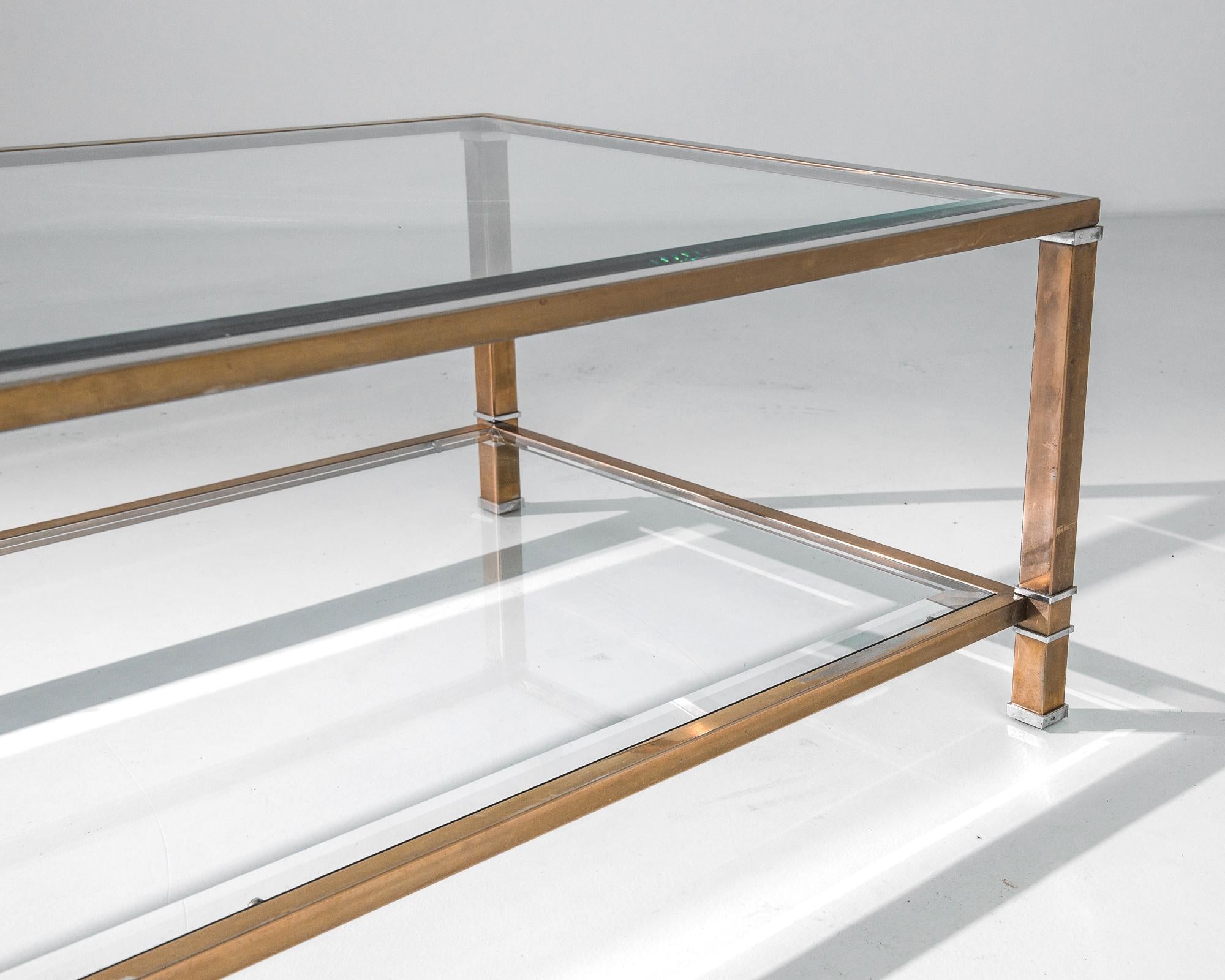 Plated 1950s French Brass Coffee Table with Glass Top