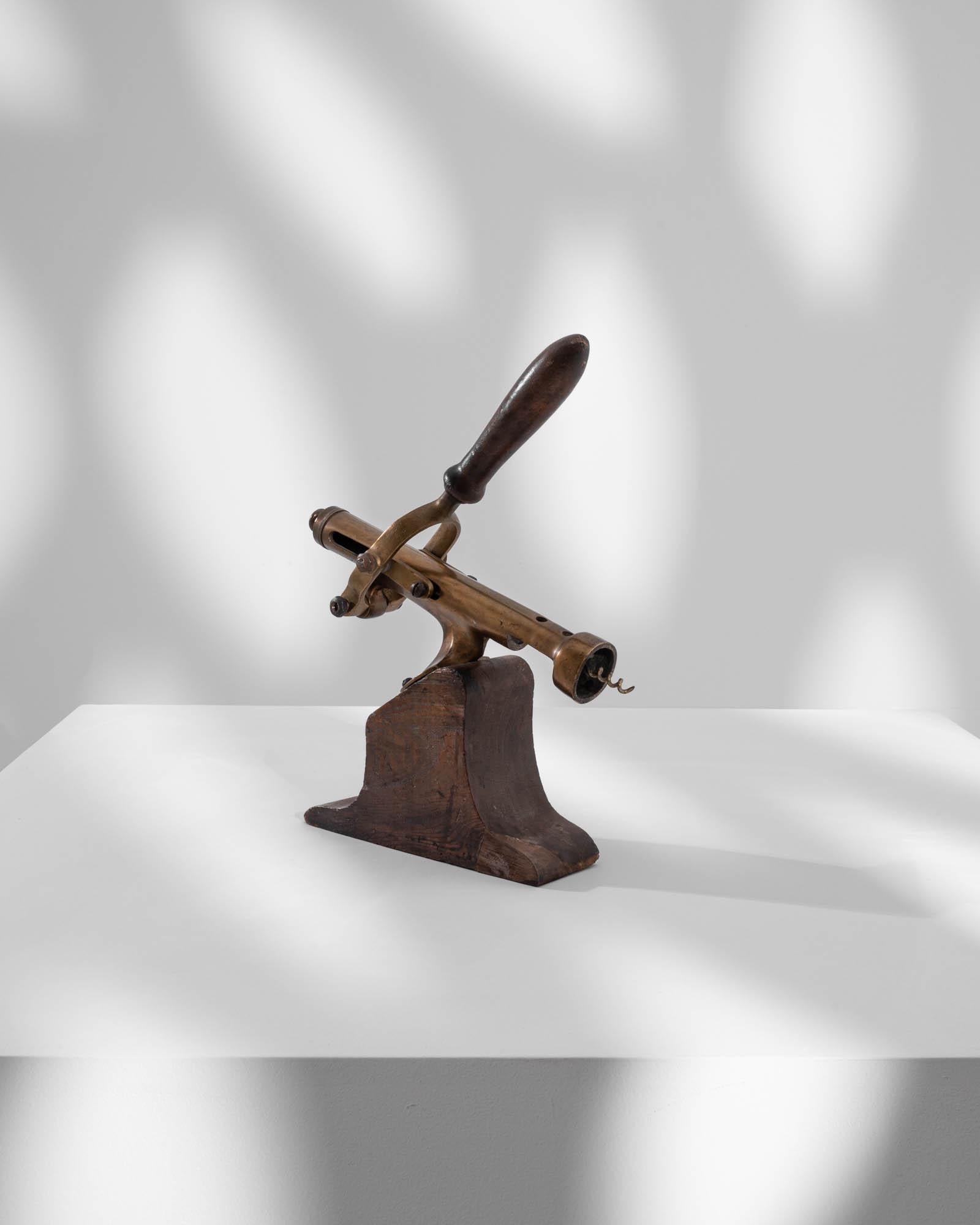 1950s French Brass Corkscrew with Wooden Base For Sale 3