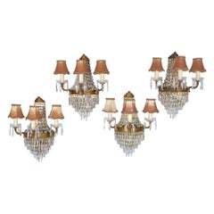 1950s French Brass Crystal Gilt Chandelier Wall Light Sconces Set of 4 Regency