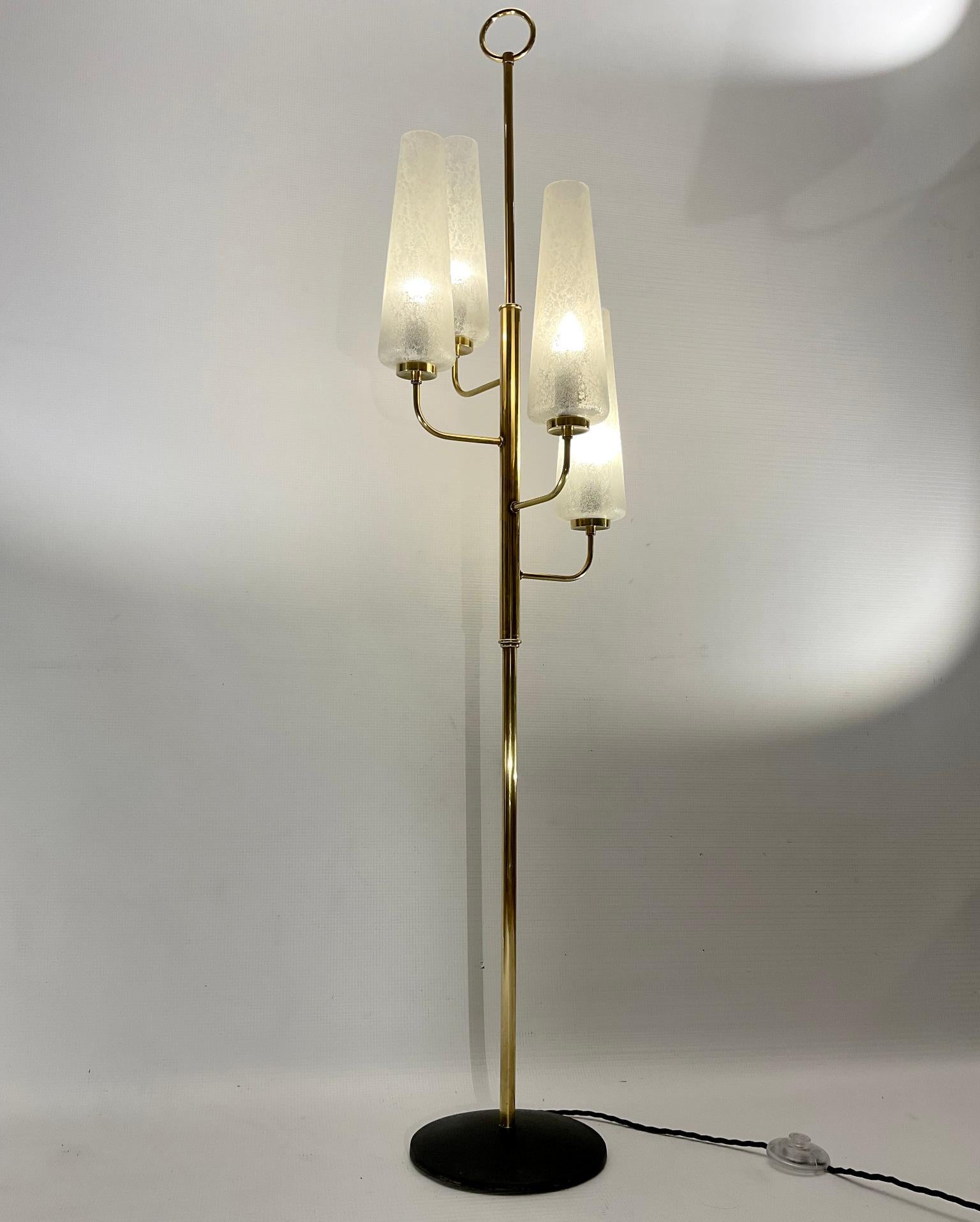 1950s French floor lamp with four branches with four frosted glass shades.