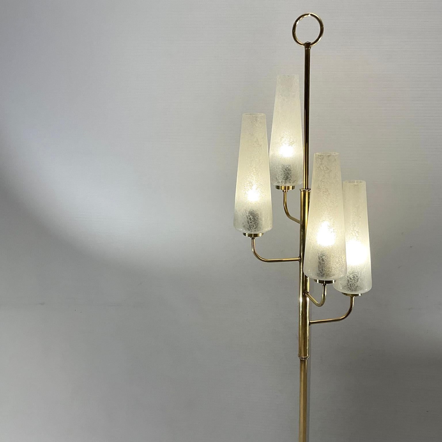 Mid-Century Modern 1950s French Brass Floor Lamp with Four Glass Frosted Shades For Sale