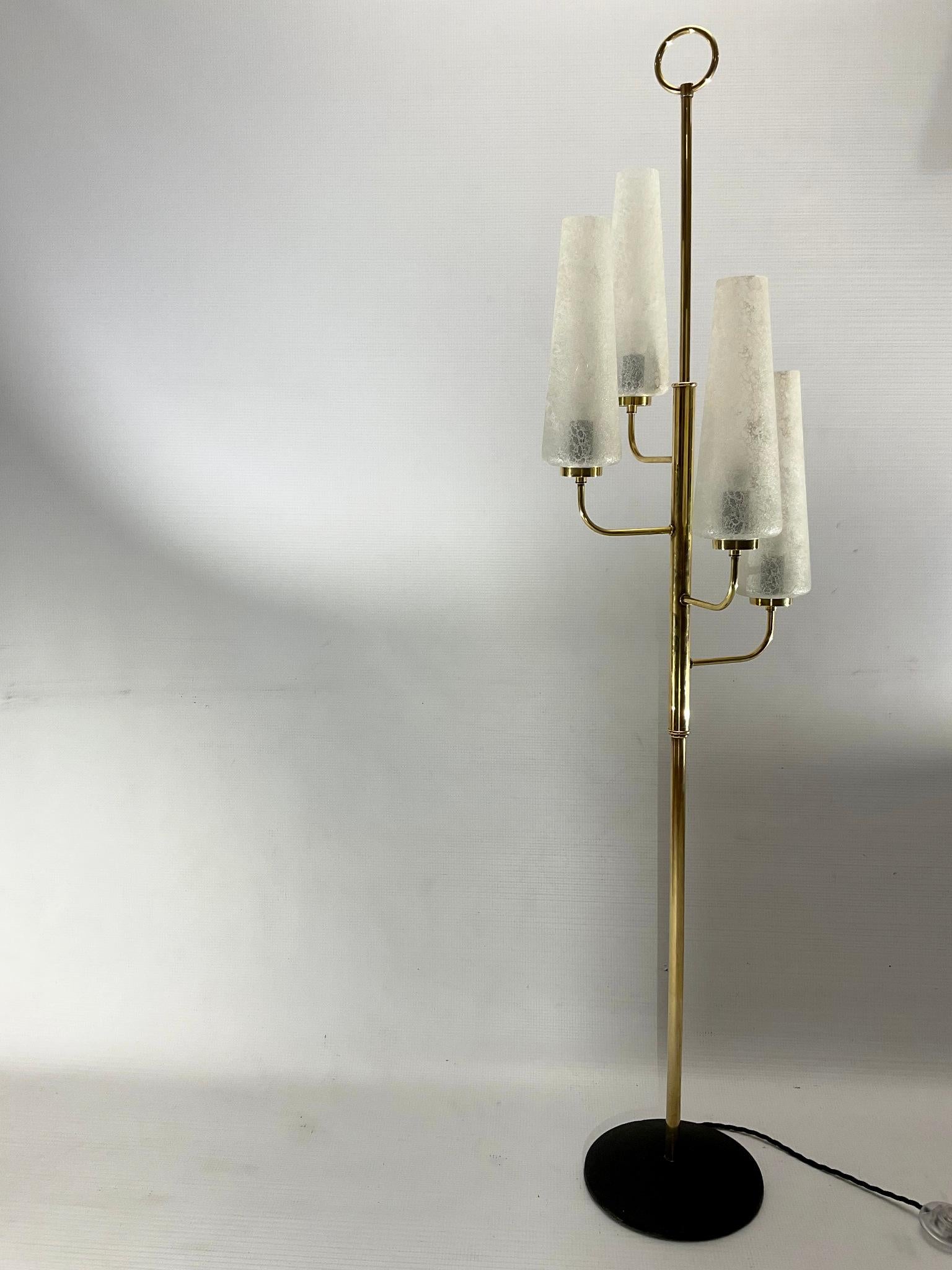 Hand-Crafted 1950s French Brass Floor Lamp with Four Glass Frosted Shades For Sale