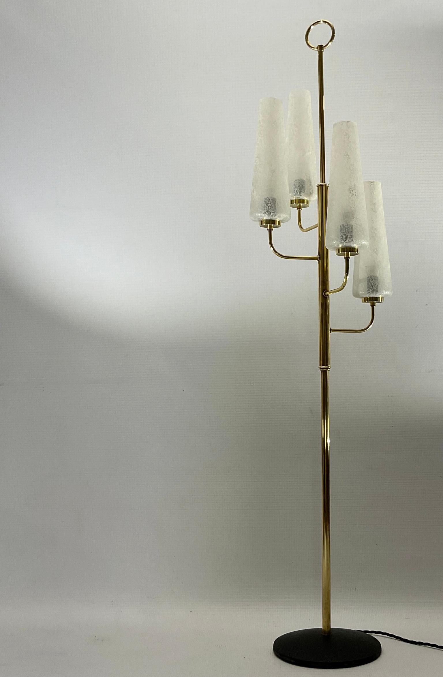 Mid-20th Century 1950s French Brass Floor Lamp with Four Glass Frosted Shades For Sale