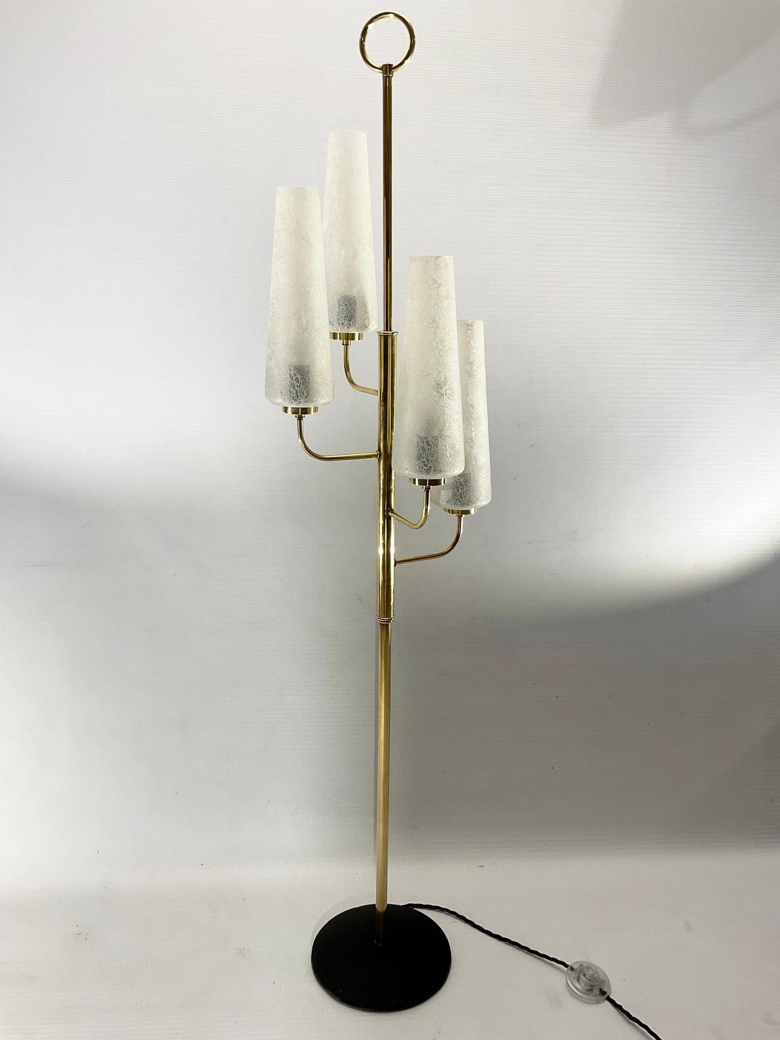 1950s French Brass Floor Lamp with Four Glass Frosted Shades For Sale 1