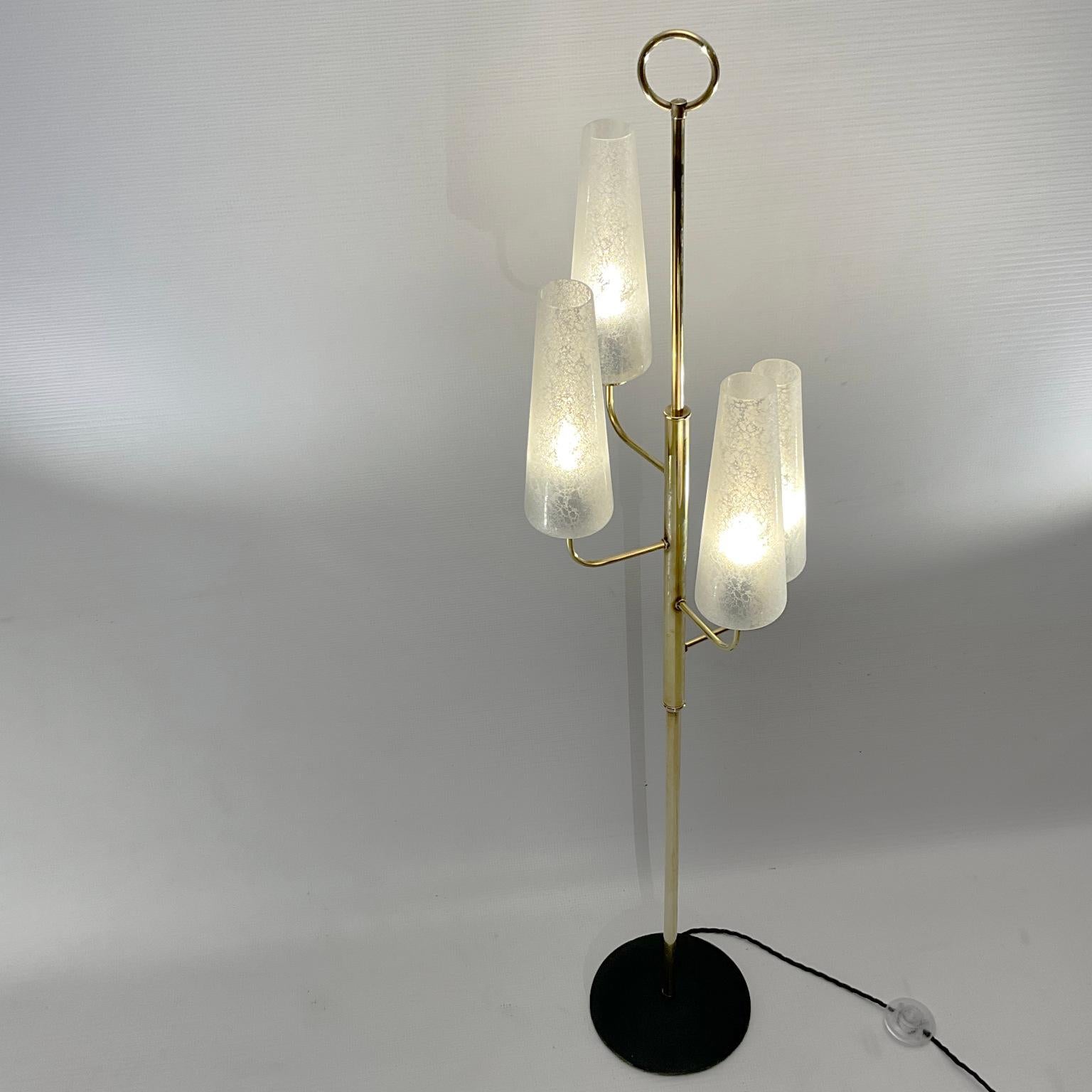 1950s French Brass Floor Lamp with Four Glass Frosted Shades For Sale 2