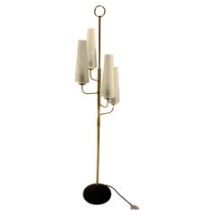1950s French Brass Floor Lamp with Four Glass Frosted Shades