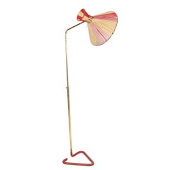 1950s French Brass Floor Standing Lamp with Original Cream and Red Shade