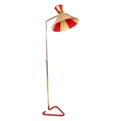 1950s French Brass Floor Standing Lamp with Original Cream and Red Shade