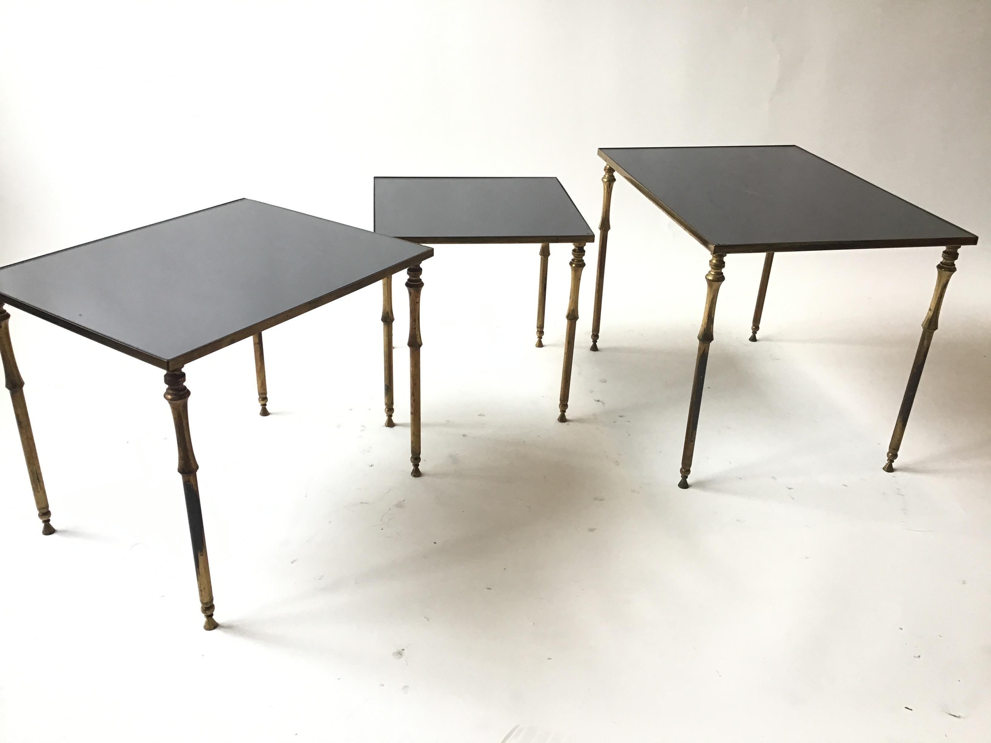 1950s French Faux Bamboo Brass And Black Glass Nesting Tables For Sale 6