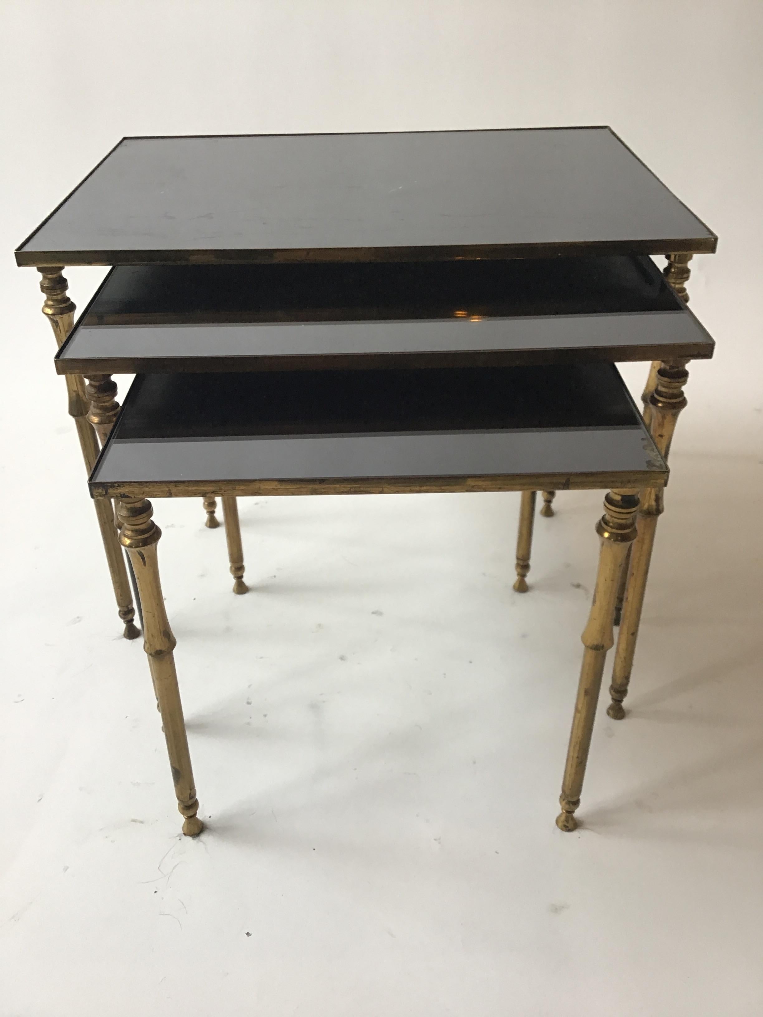 Mid-20th Century 1950s French Faux Bamboo Brass And Black Glass Nesting Tables For Sale