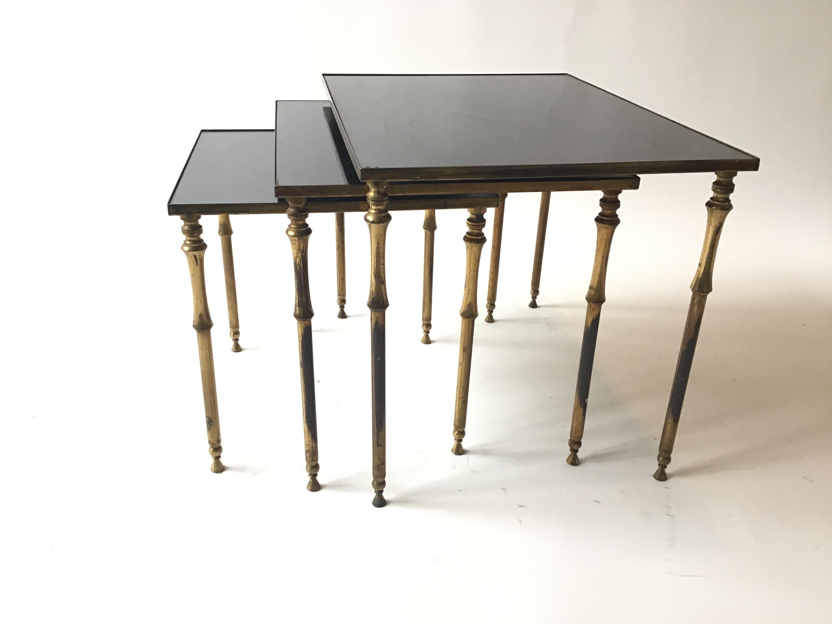 1950s French Faux Bamboo Brass And Black Glass Nesting Tables For Sale 1