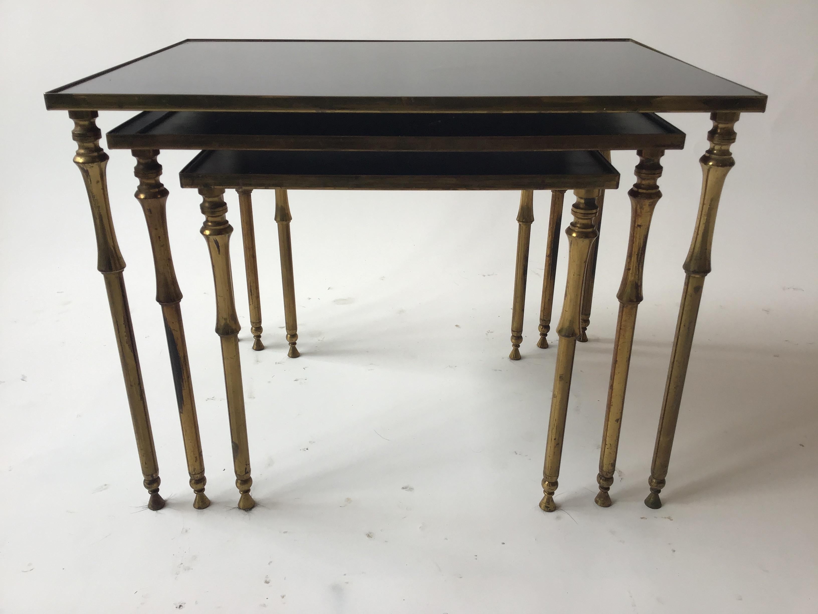 1950s French Faux Bamboo Brass And Black Glass Nesting Tables For Sale 2