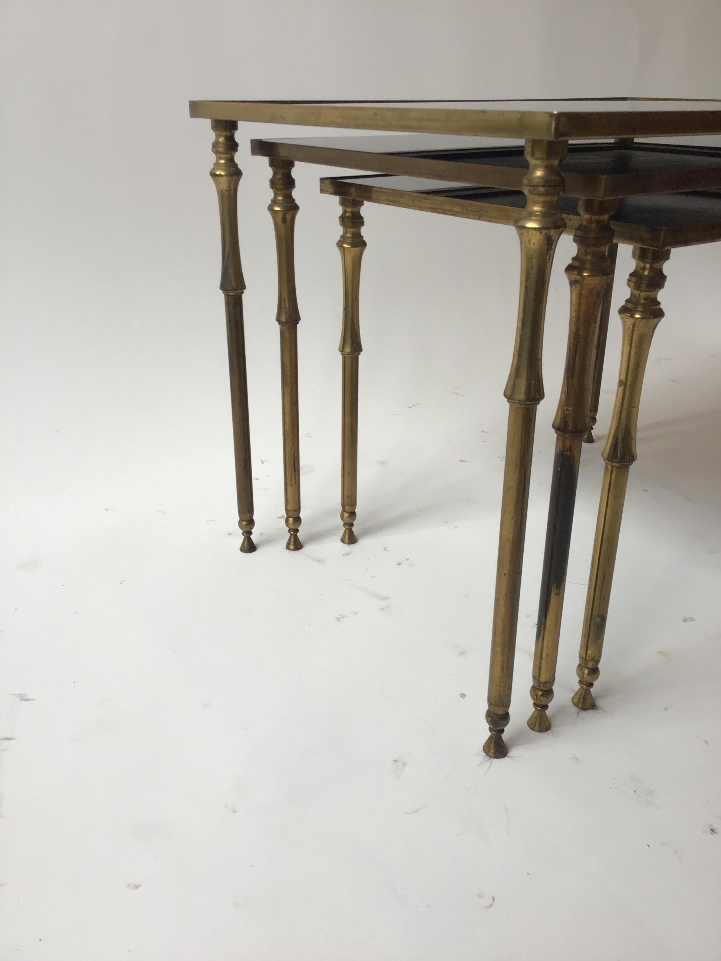 1950s French Faux Bamboo Brass And Black Glass Nesting Tables For Sale 3