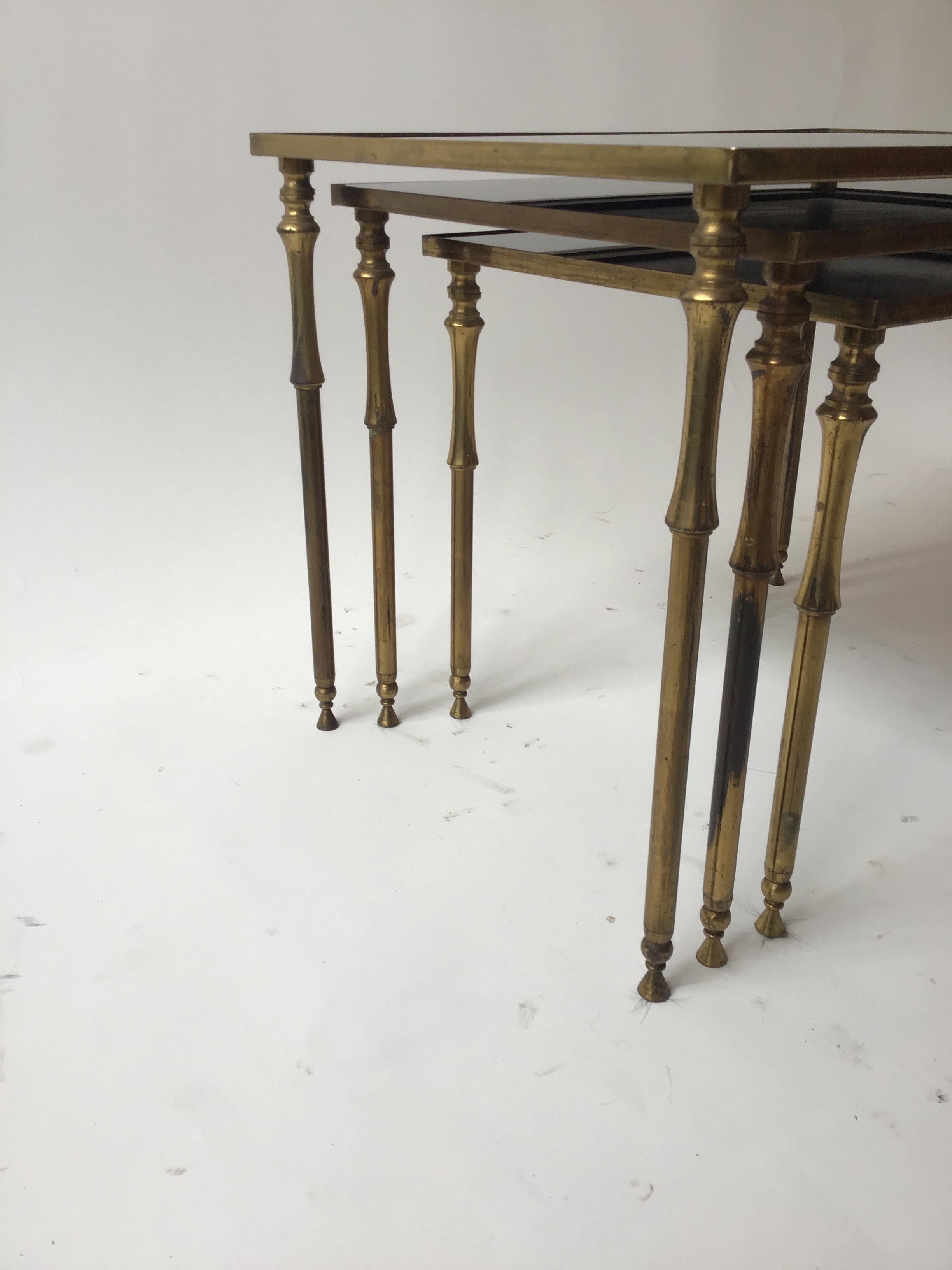1950s French Faux Bamboo Brass And Black Glass Nesting Tables 3