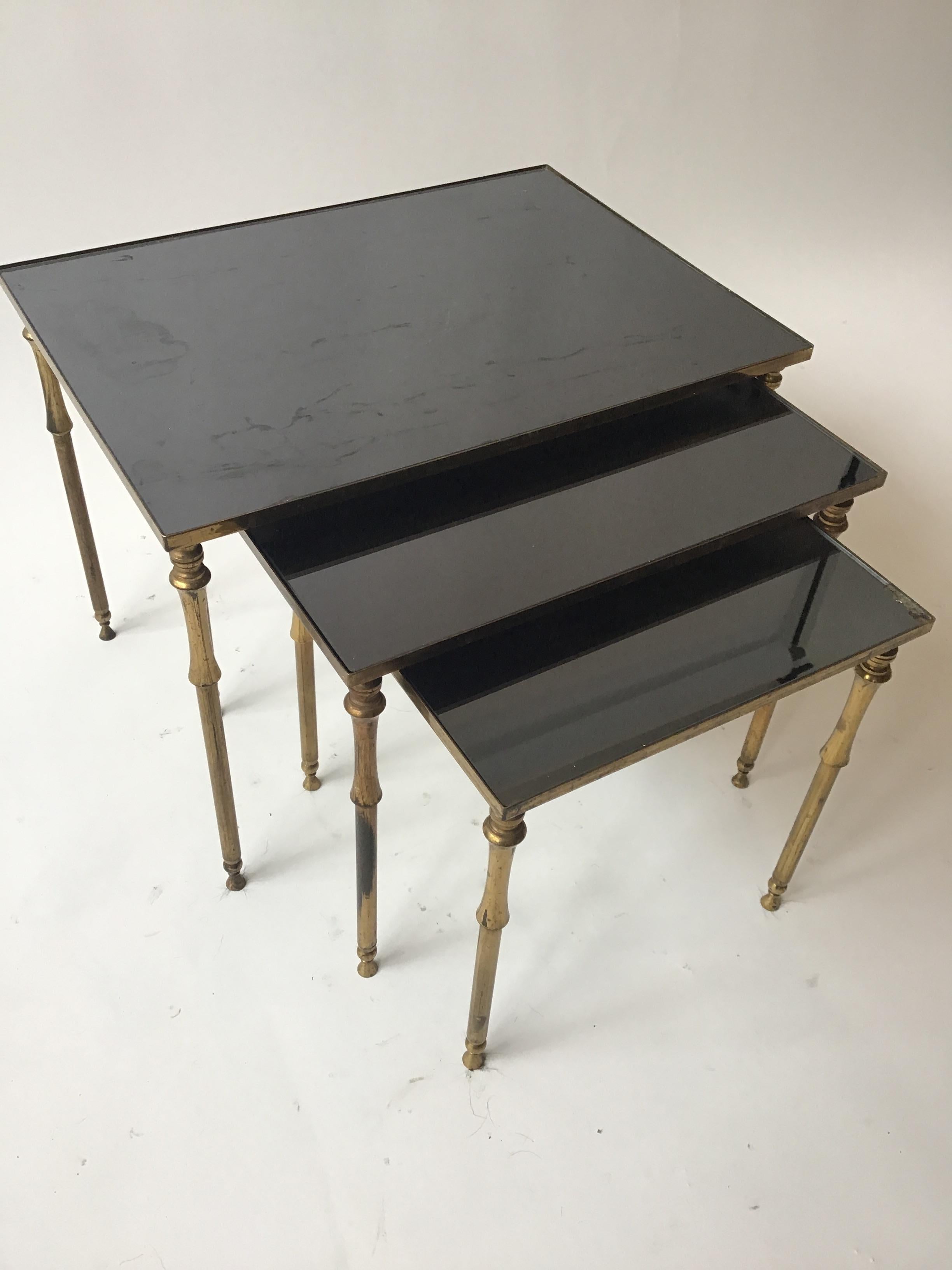 1950s French Faux Bamboo Brass And Black Glass Nesting Tables For Sale 4