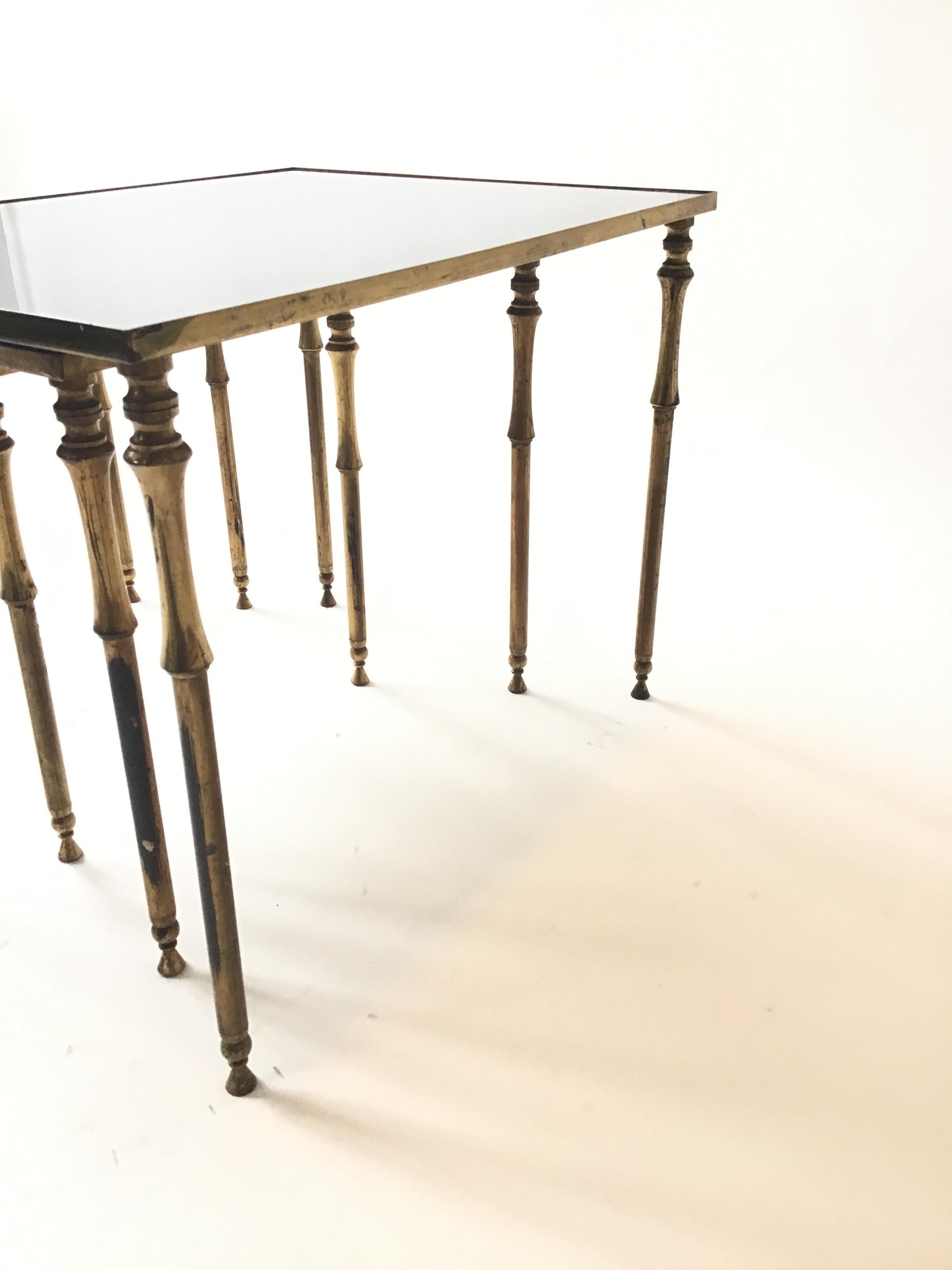 1950s French Faux Bamboo Brass And Black Glass Nesting Tables For Sale 5