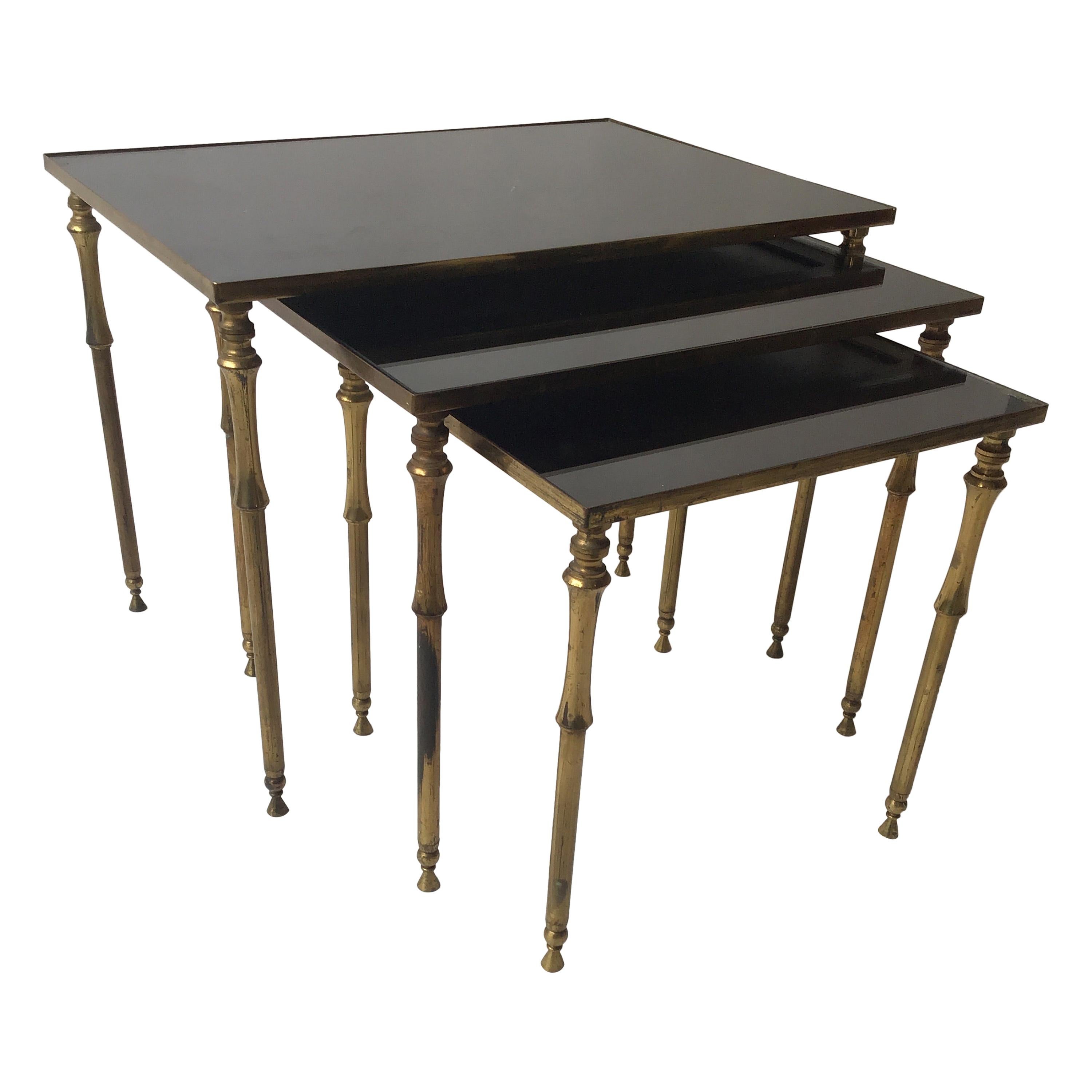 1950s French Faux Bamboo Brass And Black Glass Nesting Tables For Sale