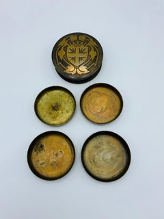 1950s French Brass Shielded Crest Coasters and Box, Set of 5