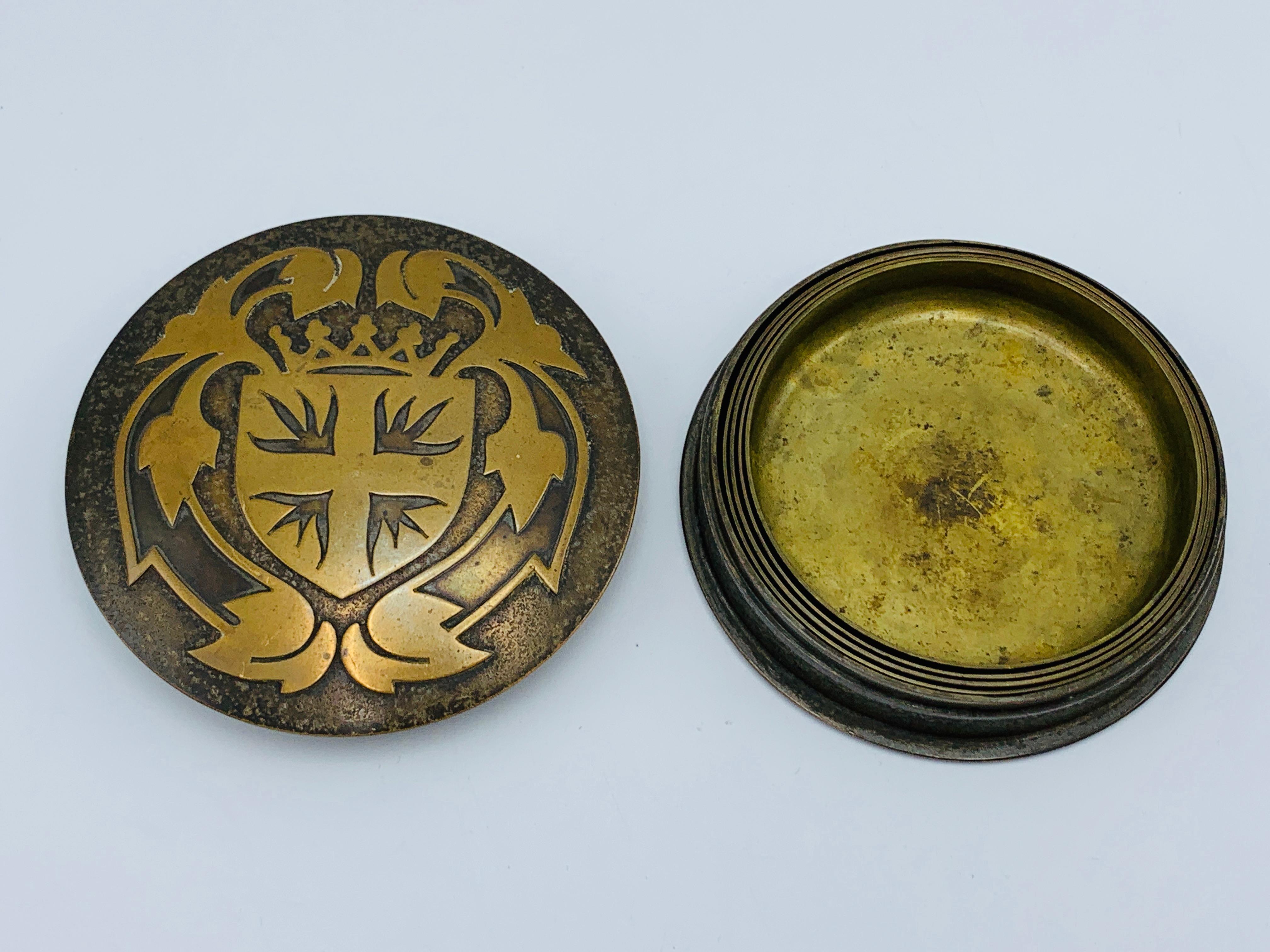 Mid-Century Modern 1950s French Brass Shielded Crest Coasters and Box, Set of 5 For Sale