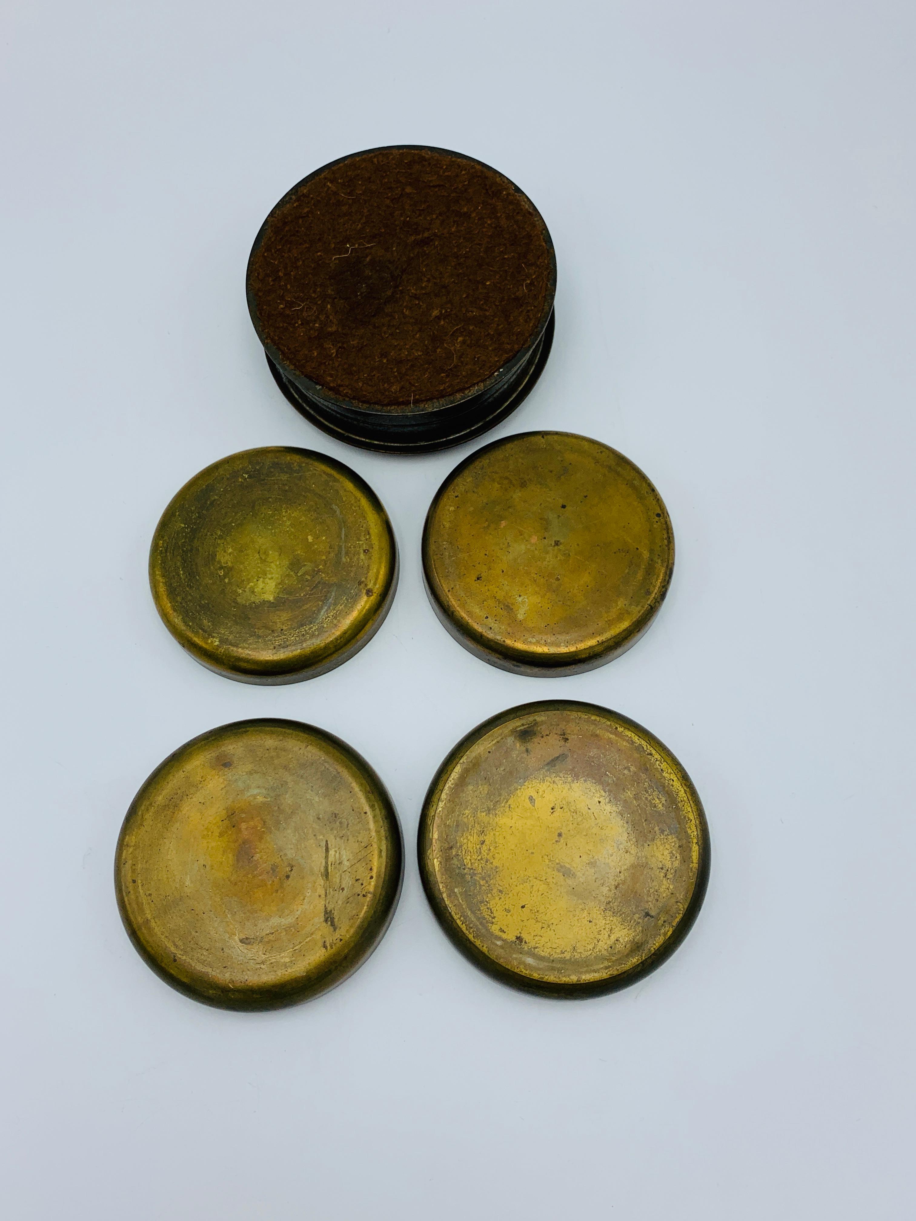 1950s French Brass Shielded Crest Coasters and Box, Set of 5 For Sale 4