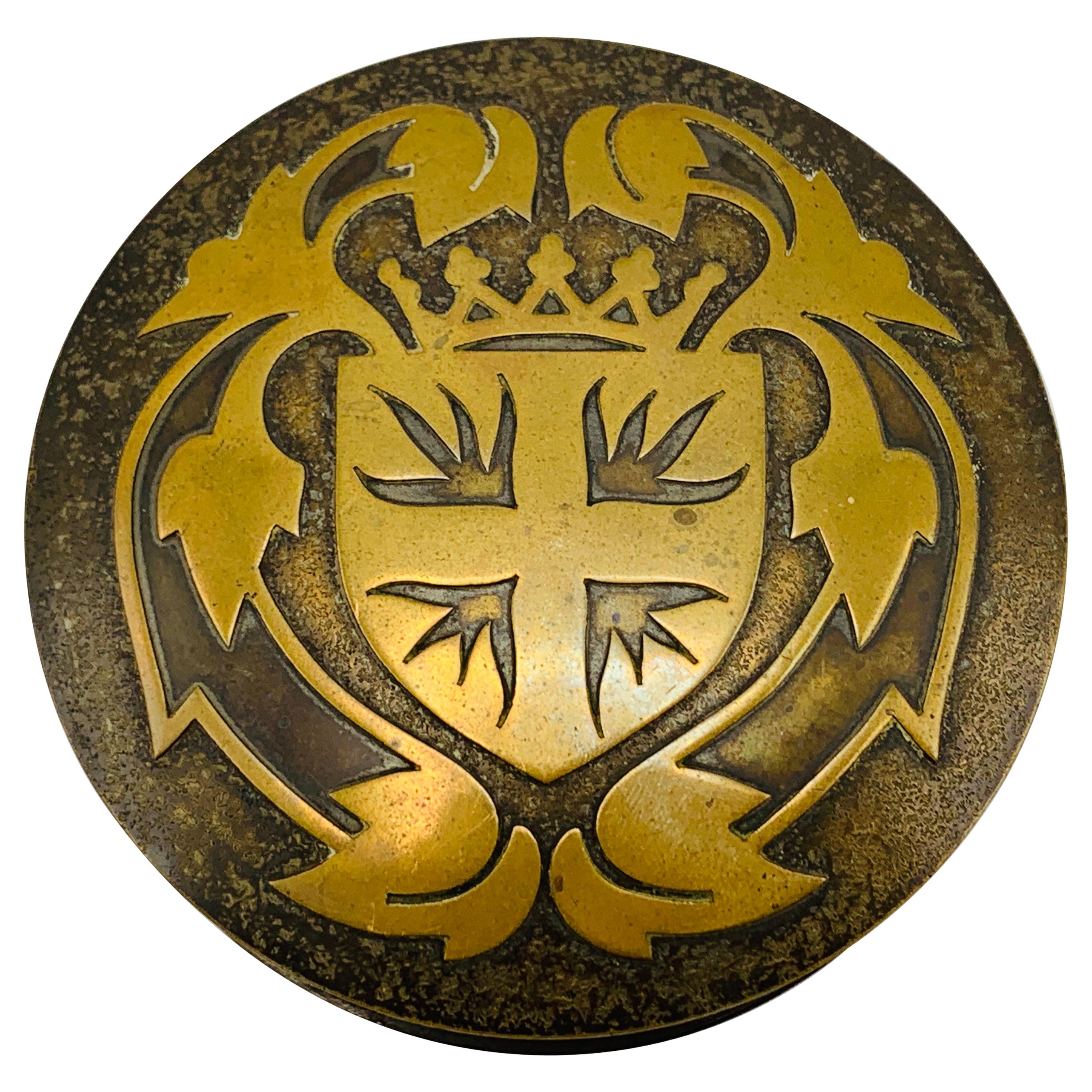 1950s French Brass Shielded Crest Coasters and Box, Set of 5 For Sale